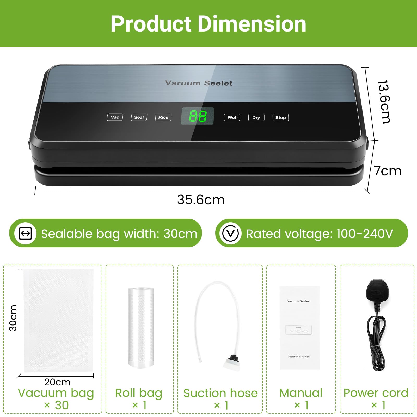 Selladora al vacío de Alimentos 8 en 1, 65 kPa, 30 mm de Largo, con 30 Bolsas y Almacenamiento, para conservación de Alimentos Secos y húmedos, Cortador Integrado.