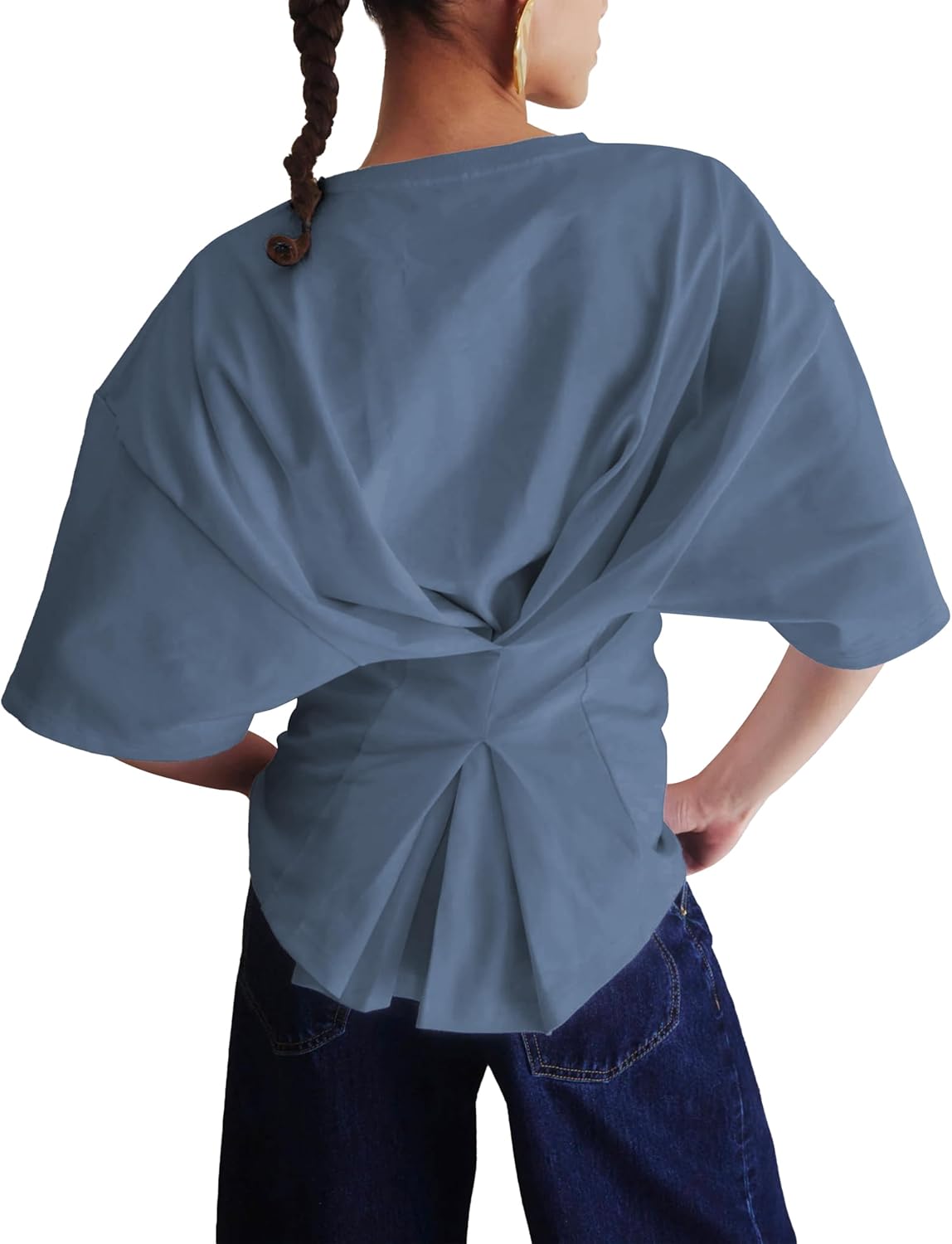 Womens Oversized Short Batwing Sleeve Tops Casual Drop Shoulders T-Shirt Draped Back Workout Tee