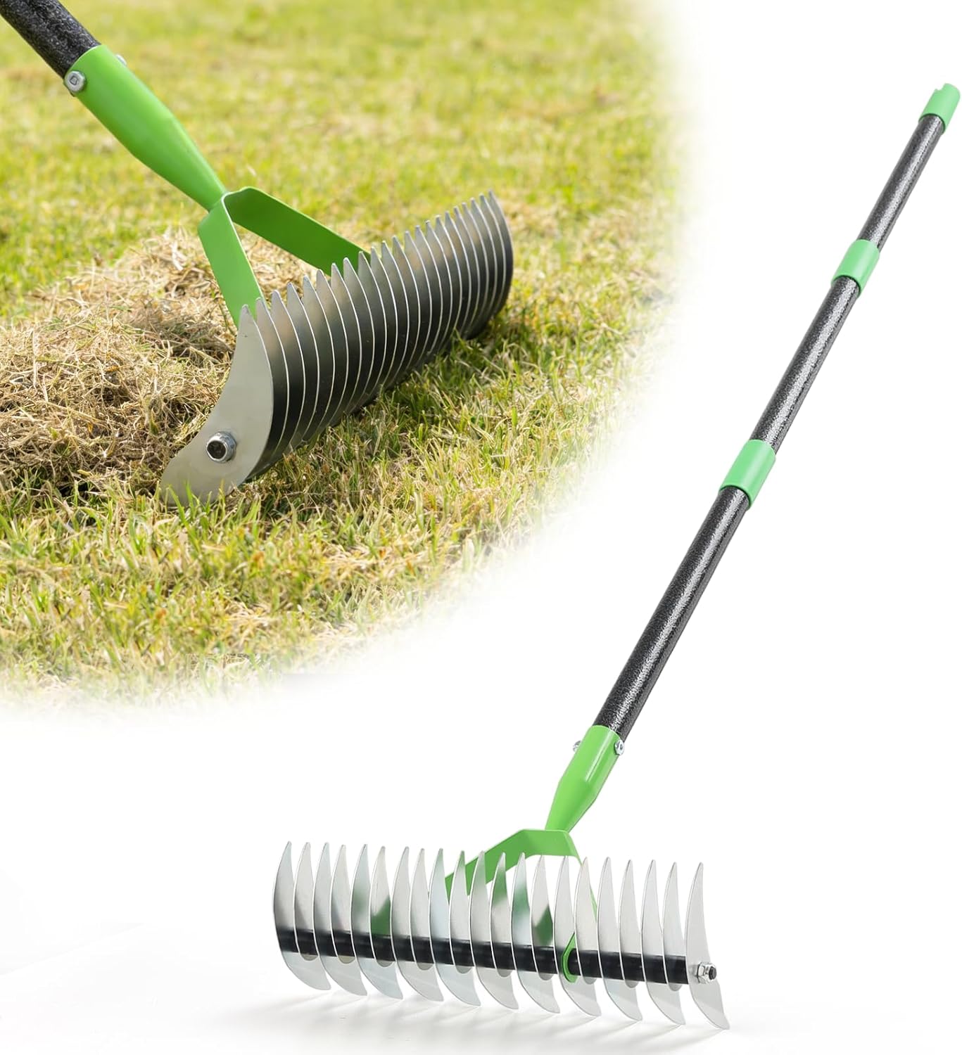 Dual-Action Dethatcher Rake - 21-Tine, Adjustable Long-Handle Landscaping Rake with 55", Heavy Duty Thatch Rake, Turf Rake for Artificial Grass, Metal Rake for Spring Lawn Care, Soil Aeration