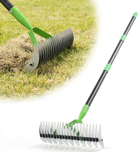 Dual-Action Dethatcher Rake - 21-Tine, Adjustable Long-Handle Landscaping Rake with 55", Heavy Duty Thatch Rake,Turf Rake for Artificial Grass, Metal Rake for Spring Lawn Care, Soil Aeration