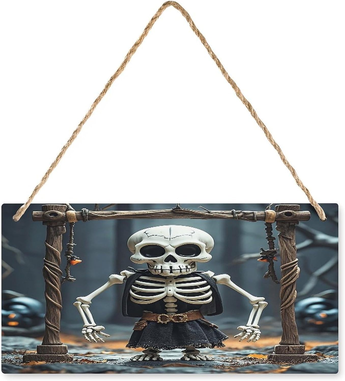 Skull Hanging Wood Sign Wooden Slices Banners with Ropes Personalized Rectangle Decorative Wooden Plaque Sign Wall Art for Garden Yard Home Farmhouse 9.8"x4.9"