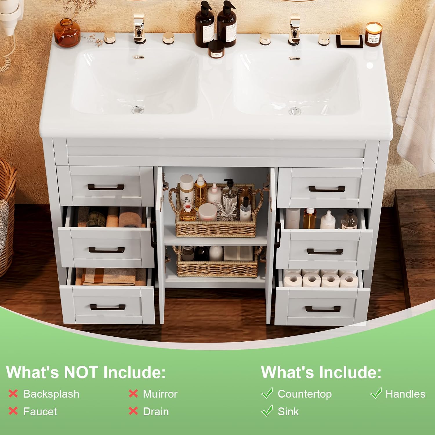 48" Bathroom Vanity with Double Sink, 47.3" × 19.7" × 35.5" Modern Vanity Cabinet with 2 Doors & 6 Drawers, White Bathroom Vanity Set with Ceramic Sinks