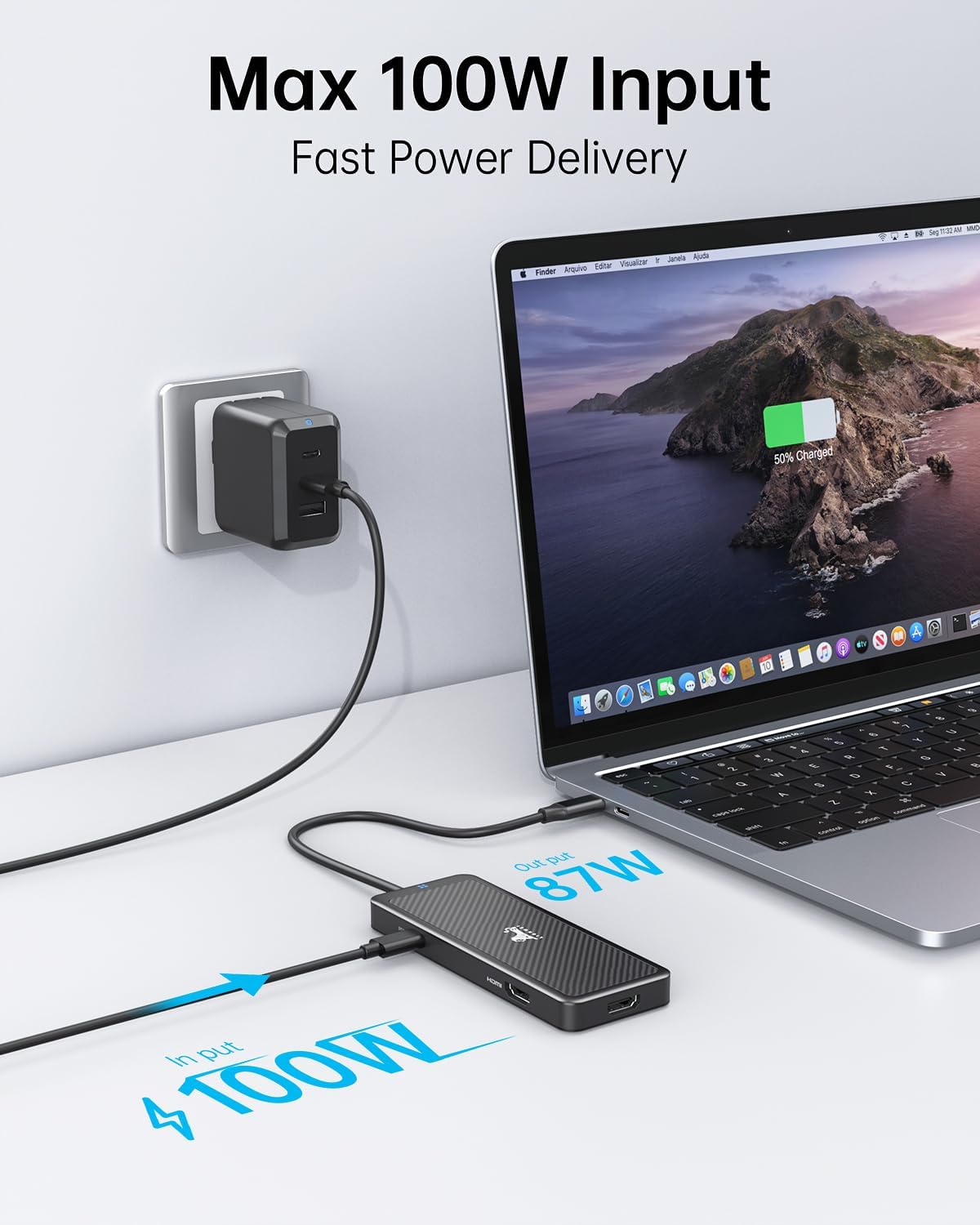 A laptop connected to the LIONWEI docking station, which is then connected to a 100W power adapter, illustrating fast power delivery.