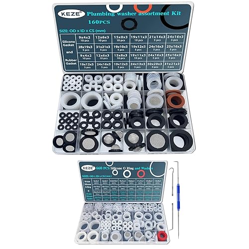 KEZE Juego de 660 piezas de arandela de silicona de 32 tamaños con juego de púas y gancho y 160 piezas de 24 tamaños de juntas de silicona para