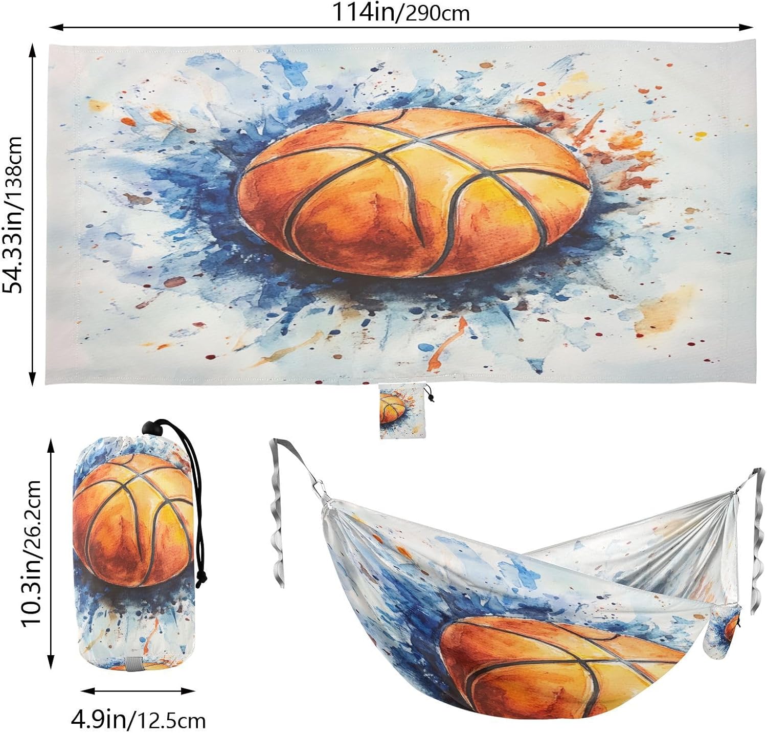 ALAZA Watercolor Basketball Camping Hammocks Single or 2 Person 500 lbs Portable Parachute Travel Hammock w/Tree Straps for Hiking Backpacking Indoor Outdoor