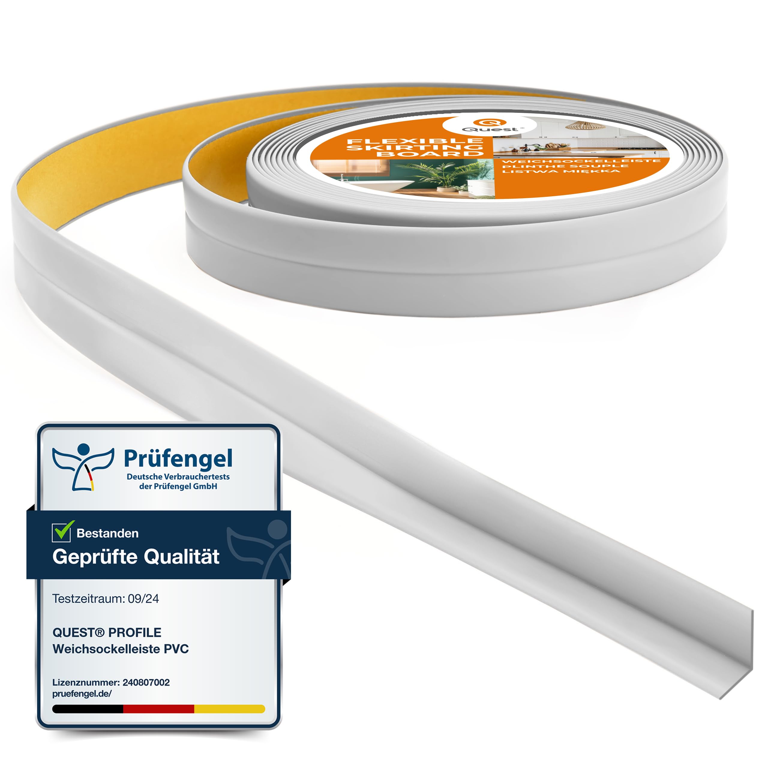 Quest Rodapiés Flexible Autoadhesivo, Rodapié Plegable para Cocina, Baño, Cinta de sellado - Perfil PVC, Estanco, Decorativo - 10 mm x 10 mm - (Gris claro, 5m)