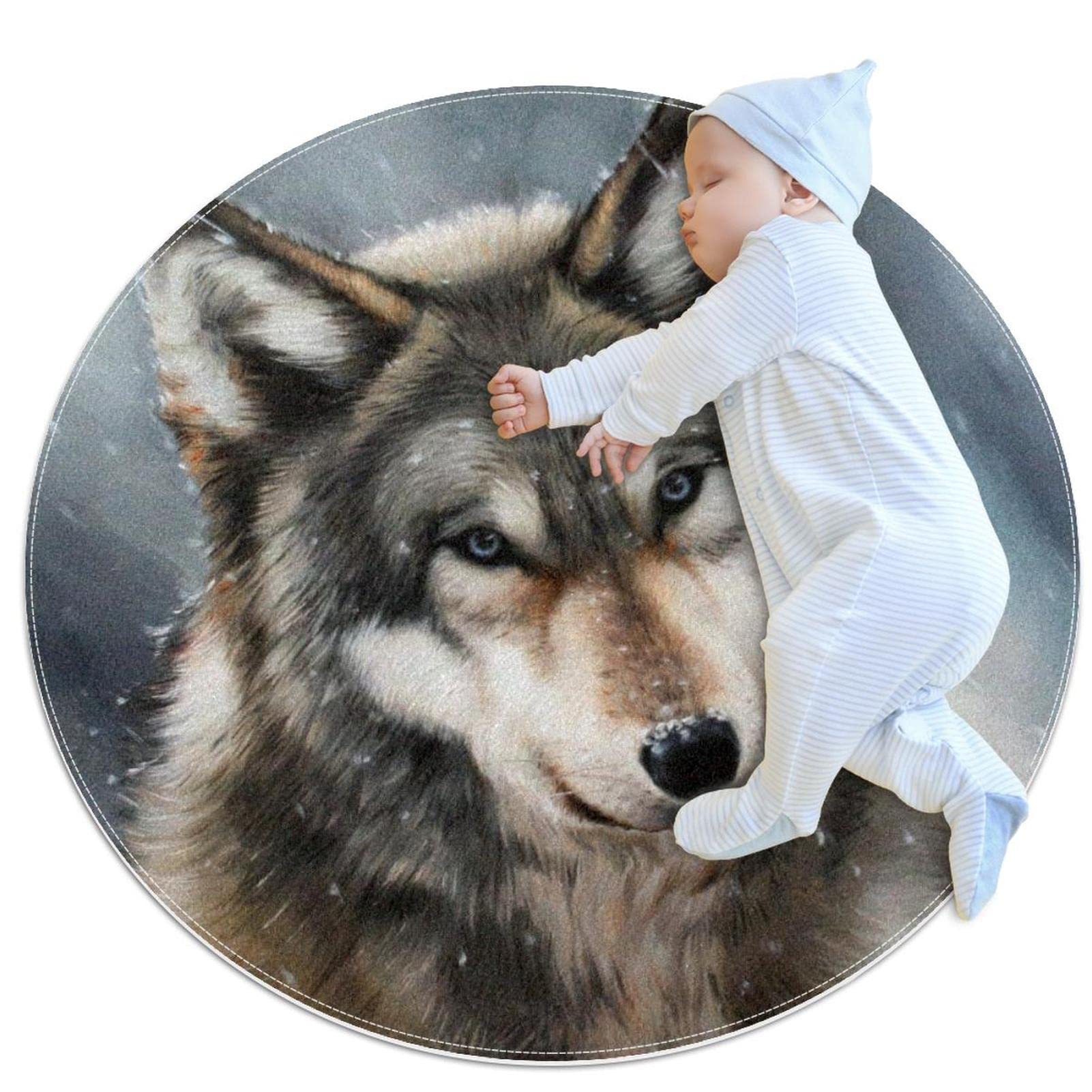 Alfombra redonda infantil JDEZ Lobo de Invierno tapete de juego para dormitorio de niños 80x80cm