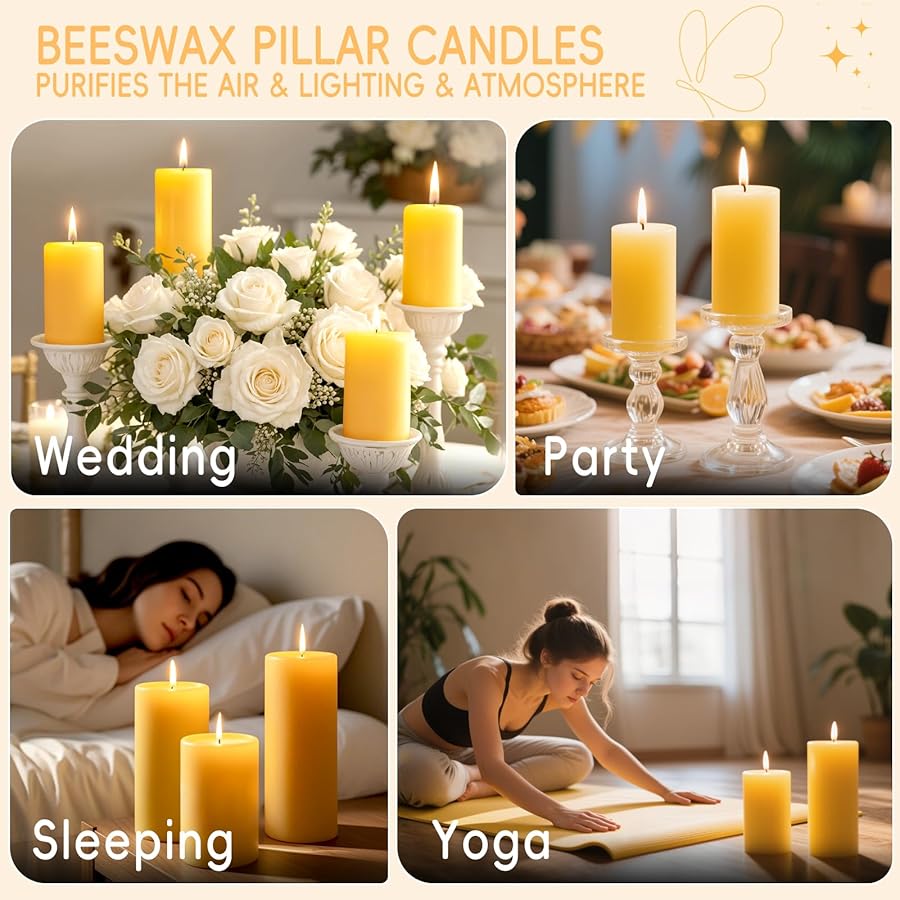 Natural Beeswax Pillar Candles, 127 Hours Long Burning Time Beeswax Candles Unscented Bees Wax Candles Smokeless Dripless Bees Wax Candle for Home Paryer Relax, 2x3in,1.89x4in,2x6in - image 8