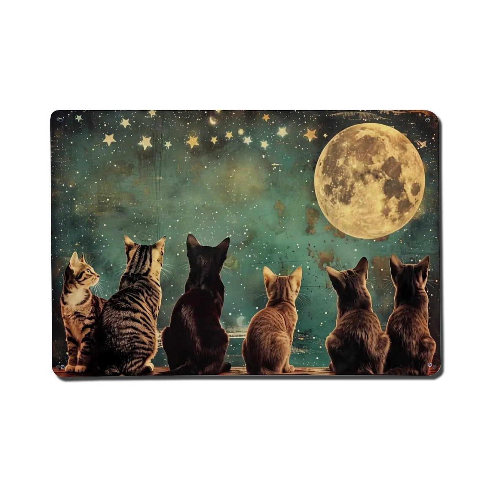 Cats Moon Stars Night Sky_3 Metal Tin Sign Plaque