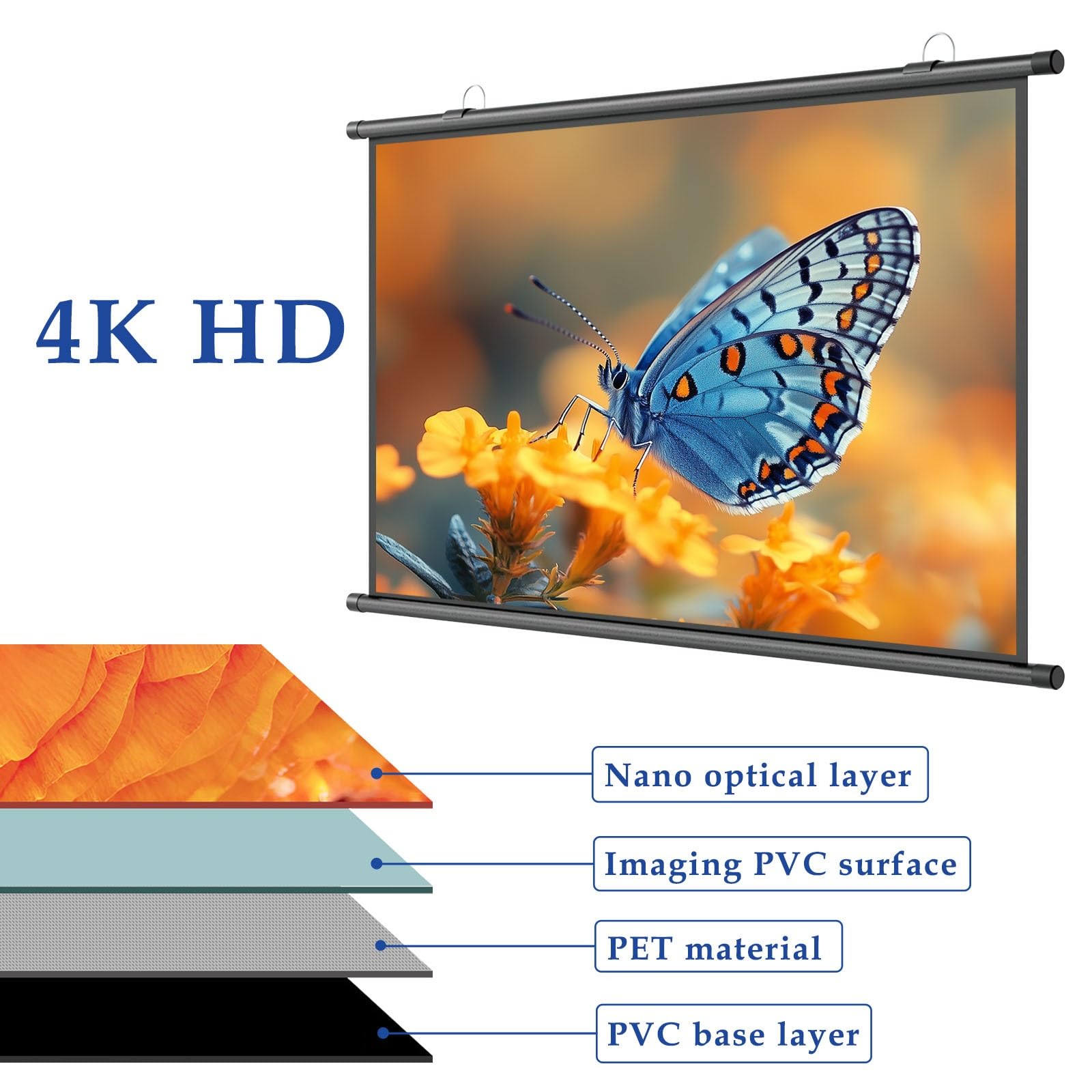 Schermo for Proiettore Avvolgibile Manuale Da 40 60 72 Pollici, Antirughe | 16:9/4:3 HD 4K Telo for Videoproiezioni, for Home Theater Cinema Ufficio Videogiochi Interno Esterno(30in 4:3)