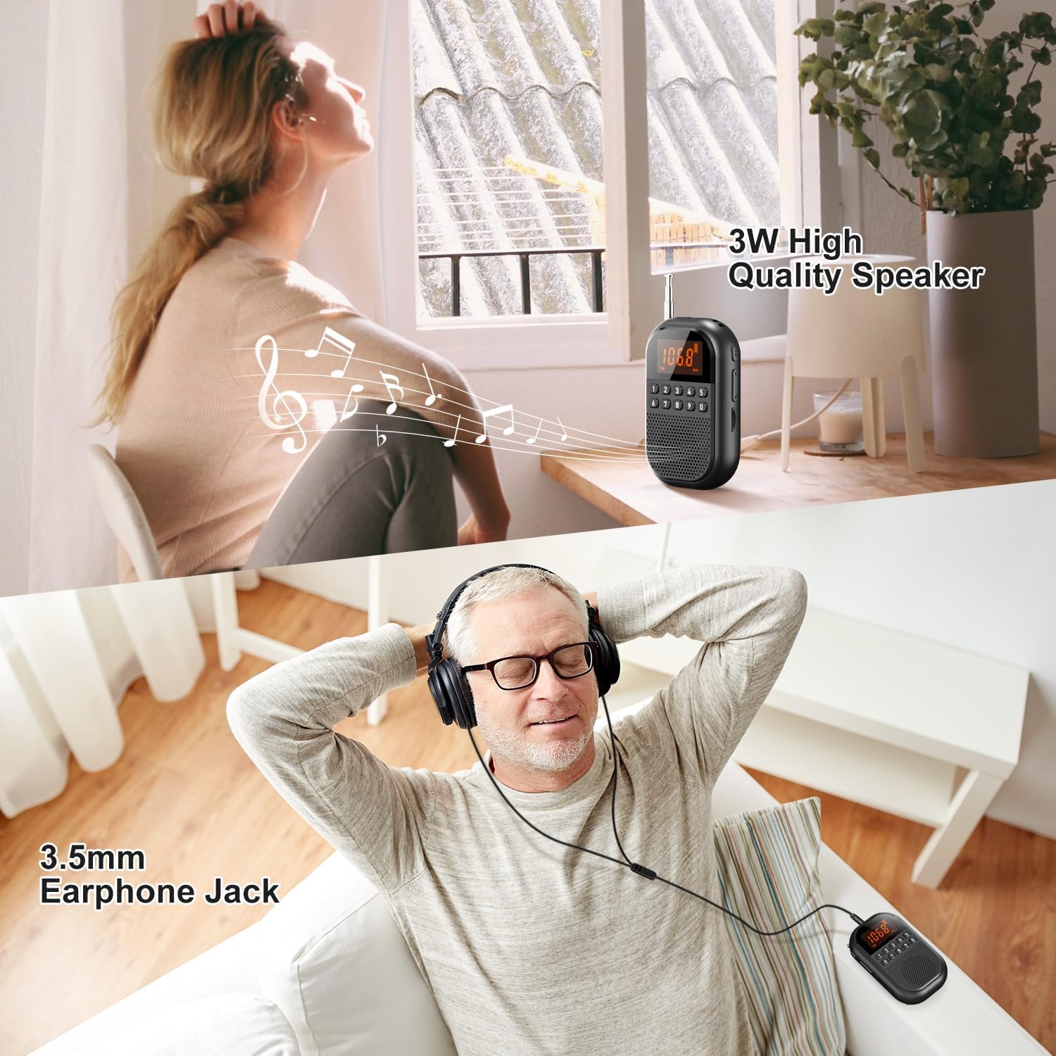 Top image shows a woman enjoying music from the radio's 3W high-quality speaker. Bottom image shows an elderly man listening privately with headphones connected to the 3.5mm earphone jack.