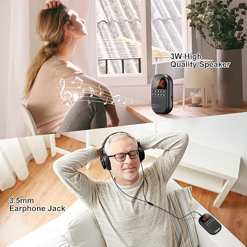 Miniatura 5 de Radio AM FM de bolsillo radio recargable de 1100 mAh compatible con Bluetooth, mini receptor FM AM con altavoz grande, auriculares estéreo,