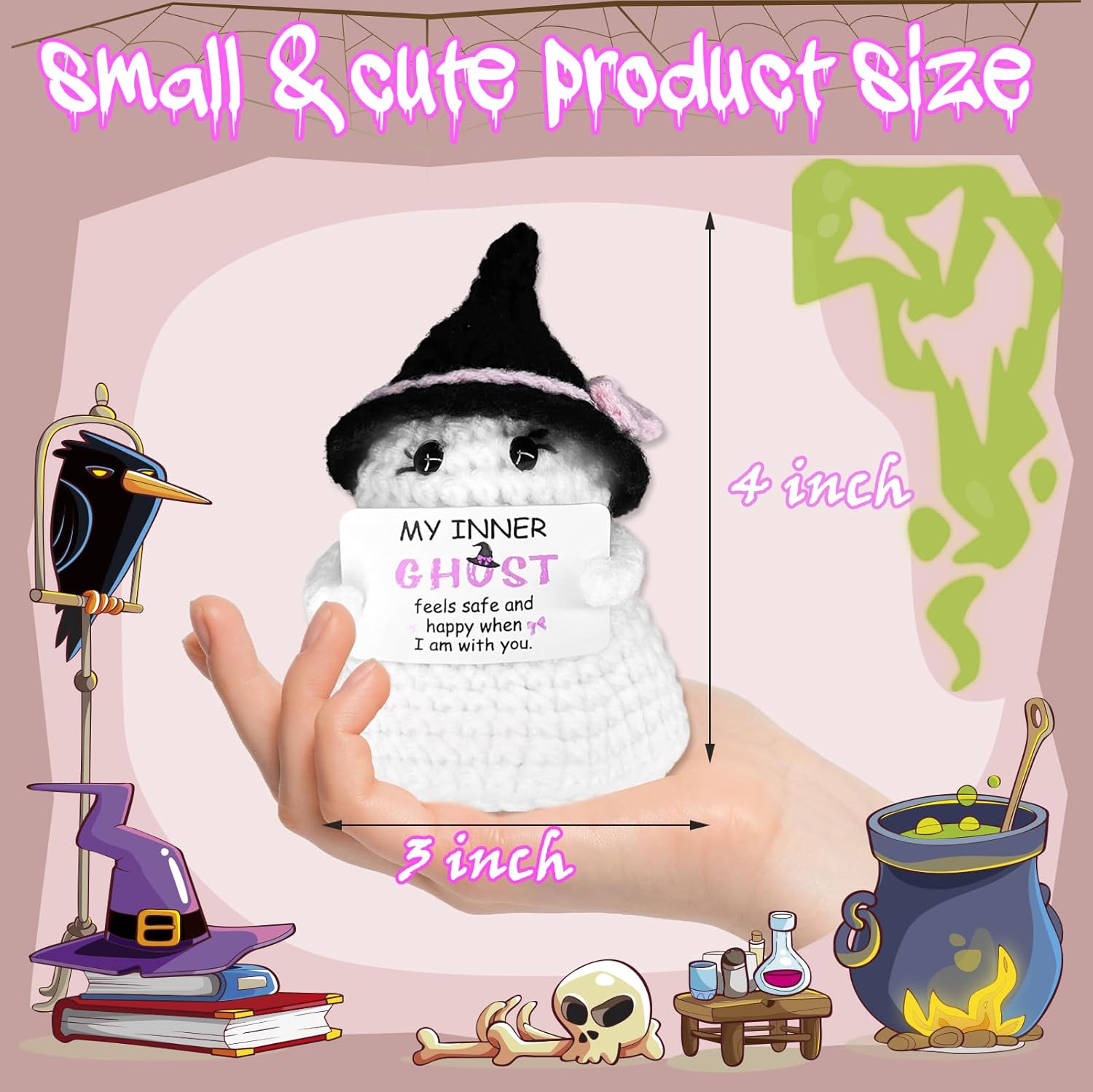 Halloween Ghost Crochet Doll with Positive Card-Cute Knitted Ghost Fun Gifts for Halloween & Thanksgiving Inspirational Card Emotional Support Ornaments for Room Office Desktop Decoration - Image 6