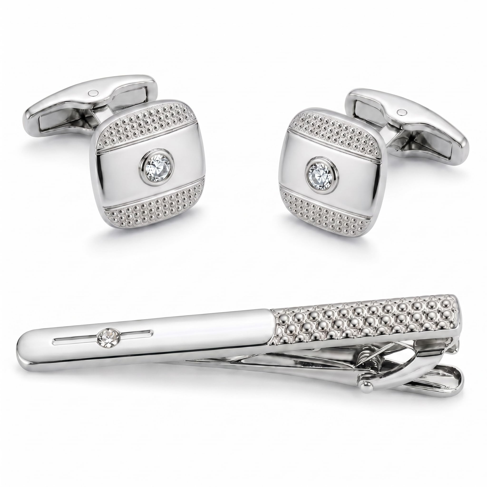 Juego de gemelos y clip de corbata con diamantes de imitación para hombre