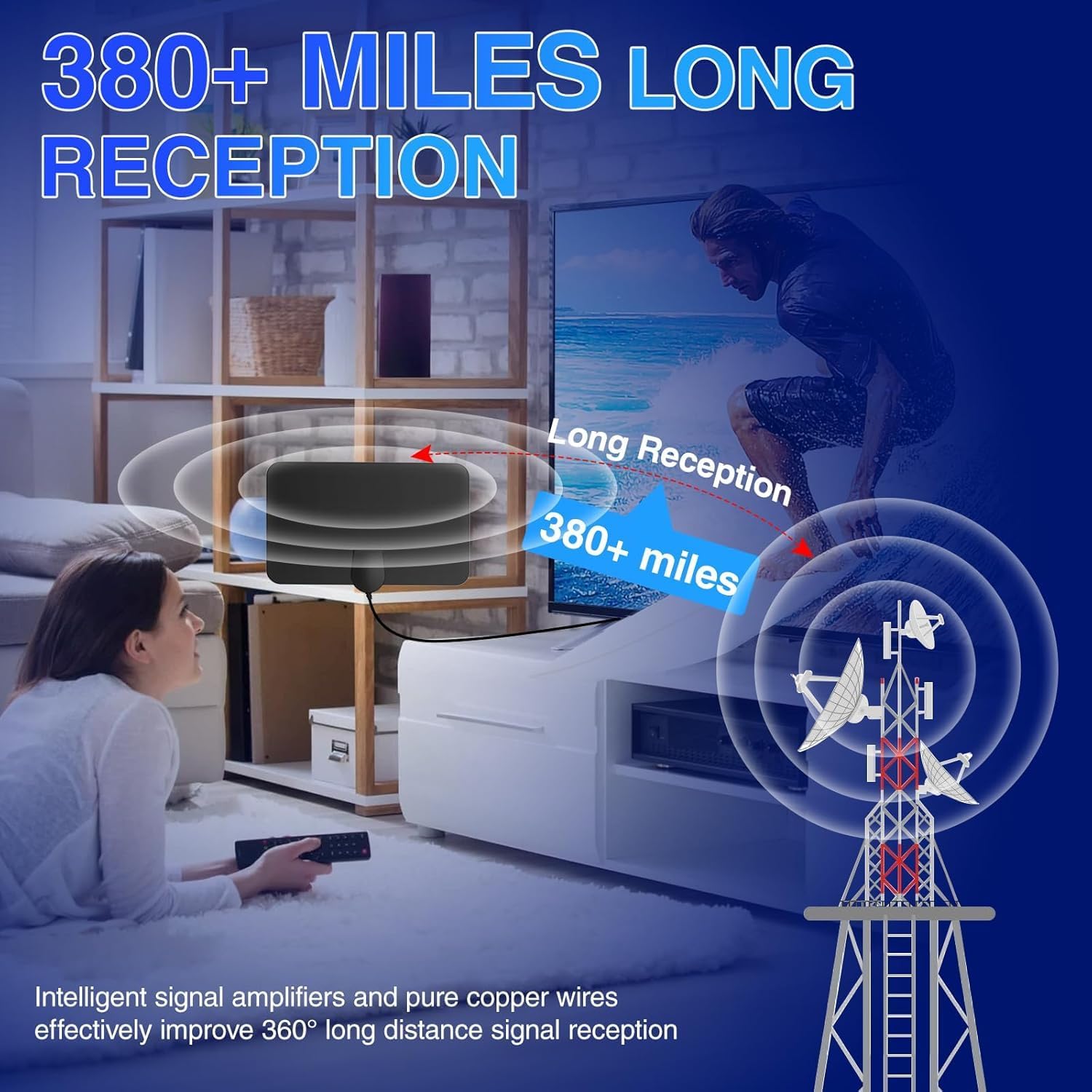 Powerfull, antenna TV da interni con amplificatore di segnale, antenna TV digitale per interni con segnale forte per TV Freeview, portata oltre 400 km, supporto HDTV 4K 1080p