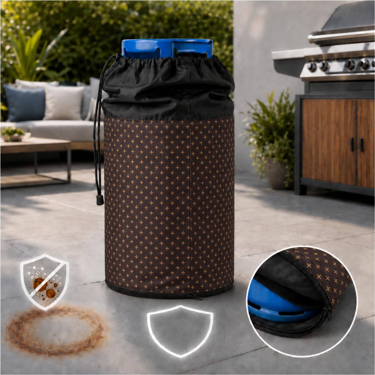 Gasflaschen Abdeckung 11 kg für Grill und Camping Gasflaschenhülle mit Kordelzug Reißverschluss stabilem Boden Vollabdeckung Wasserabweisend Winddicht 