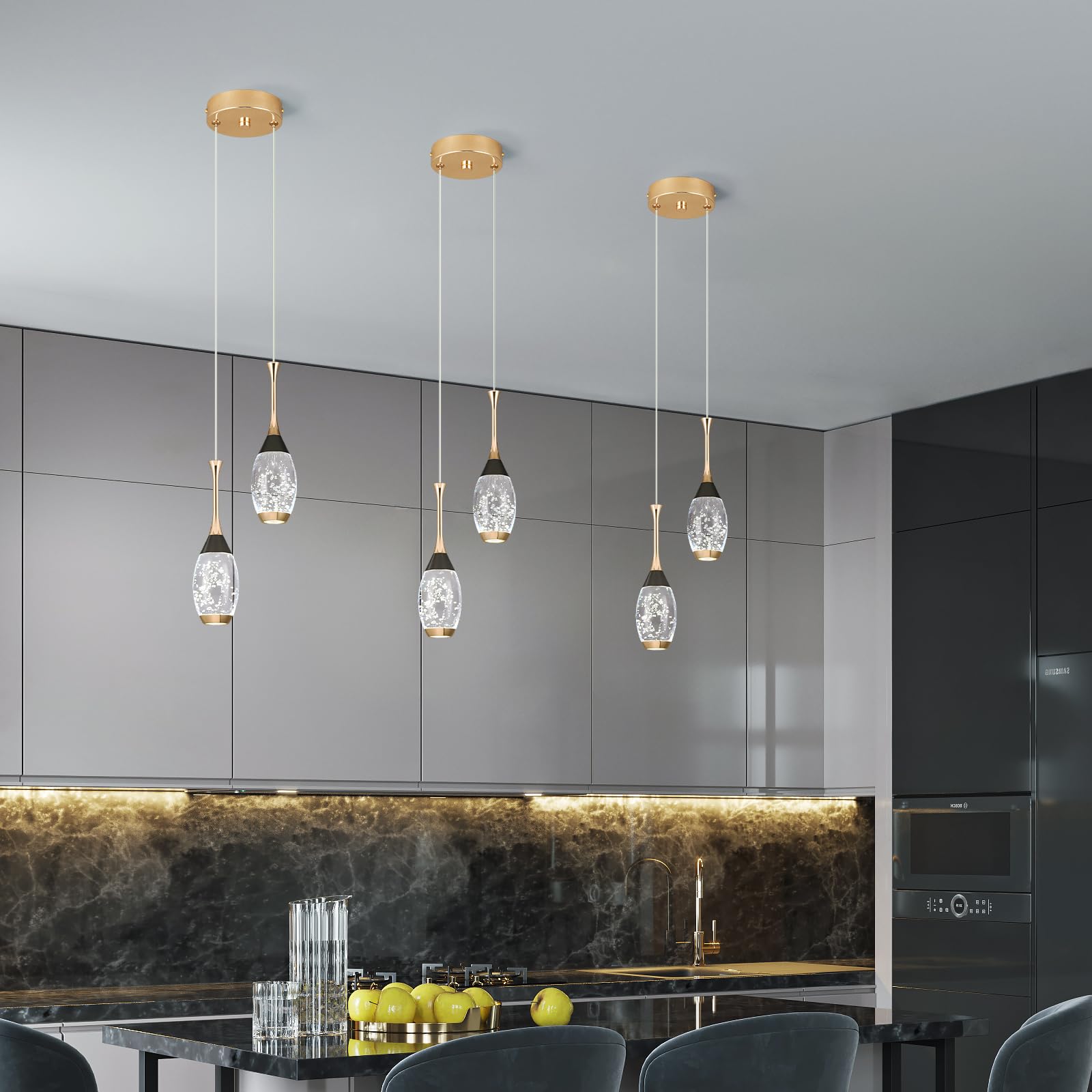 Moderne Schwarz-Gold-Hängeleuchte 2 Flammig LED-Deckenleuchten Mini Teardrop Kristall Pendelleuchte für Küche Insel Schlafzimmer Flur Eingang Hängelampe Höhenverstellbar