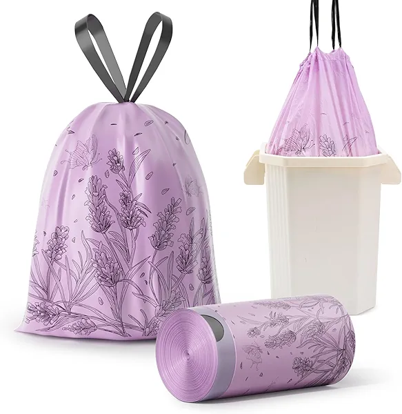 Trash bags, 4 Gallon Trash Bags Drawstring, Colorful & Portable Small Trash Bags with Lavender Printed, Tear-Resistant Garbage Bags 4 Gallon for Bathroom Office Trash Cans, 50 Count