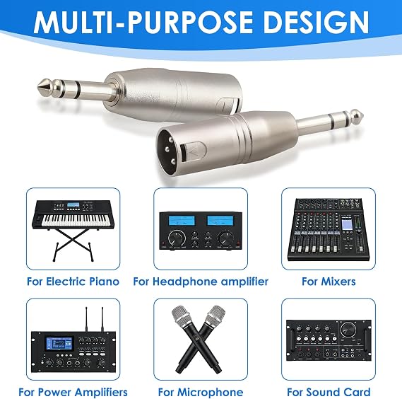 2 Pack XLR to Jack Adapter XLR Male to 6.35mm TRS Male Adapter | 1/4 TRS Stereo Balanced Audio Converter Microphone Adapters for Studio Mixers, Antimagnetic Properties Improve Sound Quality