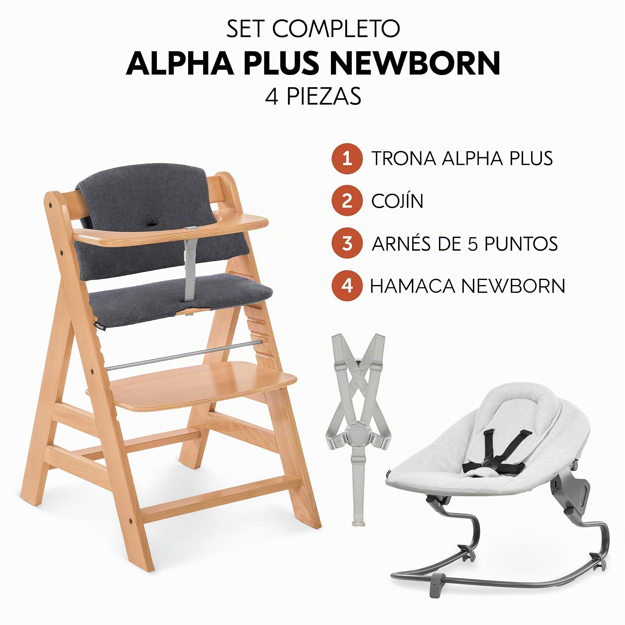 hauck Alpha Plus Set Trona Bebé con Bouncer Premium - Natural | Trona evolutiva de madera hasta 90 kg | hamaca reclinable recién nacidos, cojín algodón y arnés 5 puntos