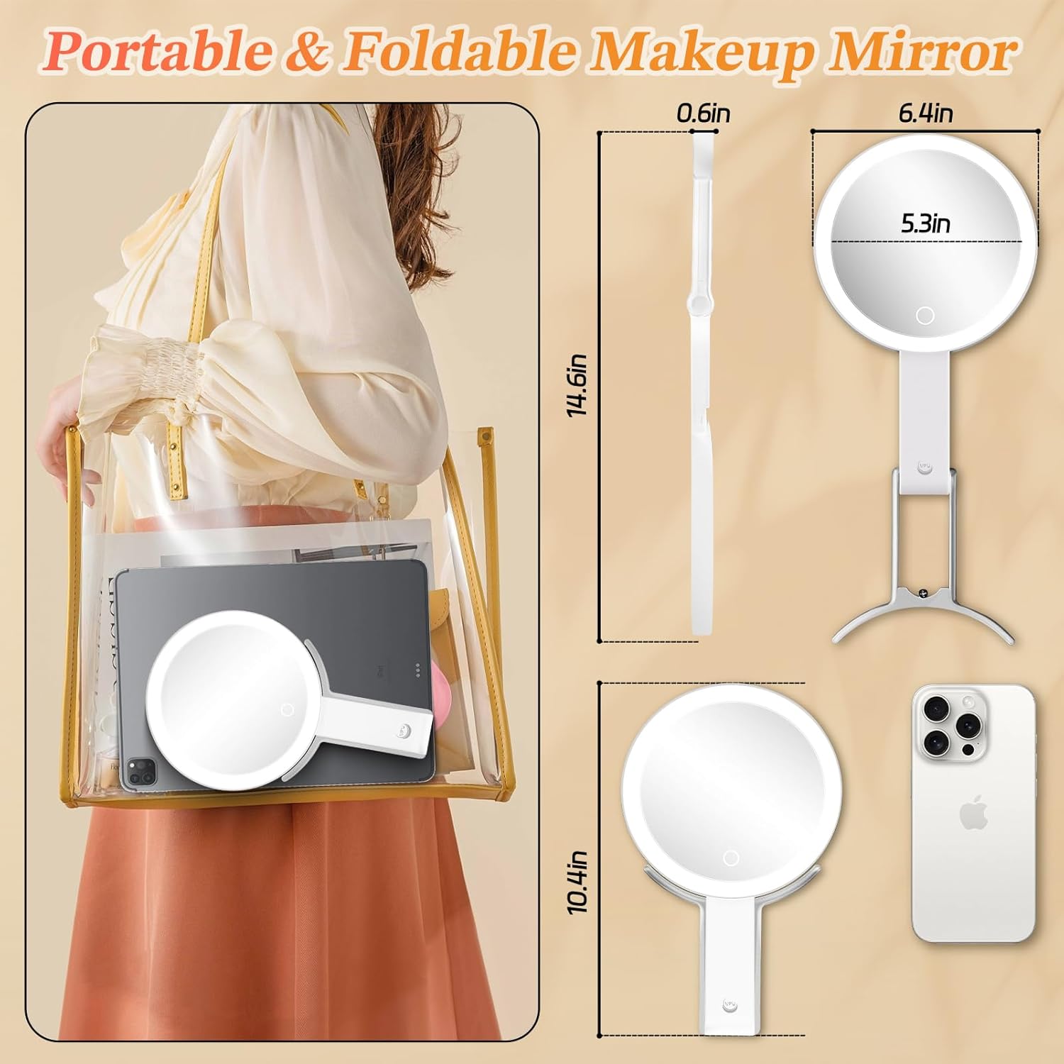 vpuトラベルメイクアップミラー、ライト付き、10倍/1倍両面充電式拡大鏡ポータブルコンパクトLEDライト付き化粧化粧鏡3色照明調光