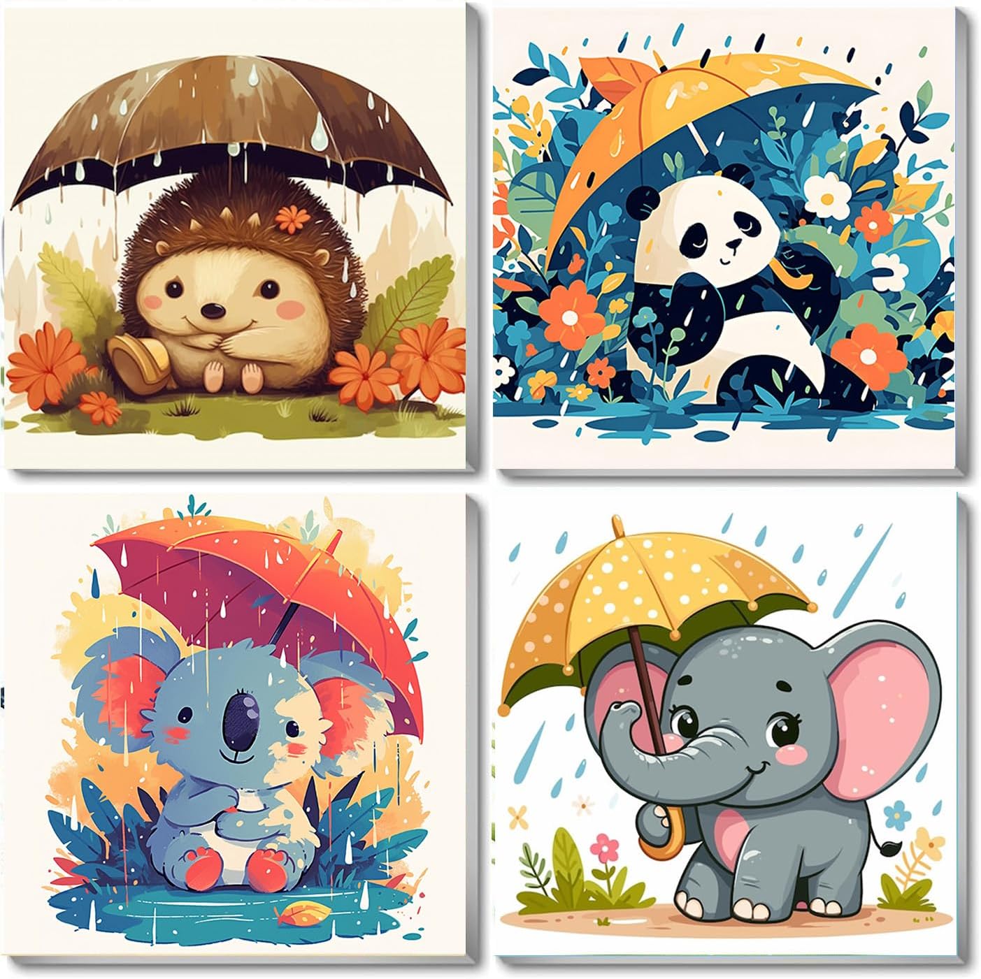 Viart4 Pack Painting by Numbers for Kids with Frame-Elephant Koala Hedgehog Panda Kids Painting by Numbers with Frame,Animal Paint by Numbers for Children for Gift Wall Decoration 8x8Inch