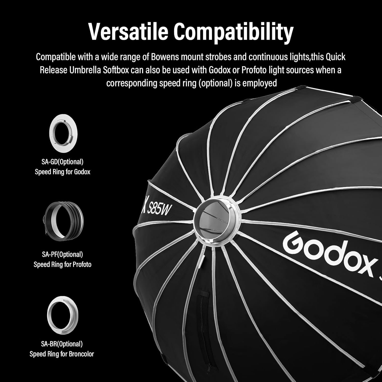 Godox Softbox 85cm/33.5" Godox S85W Bowens Mount Softbox with Diffuser & Carry Case Quick-Setup Durable Softbox, Compact for Photography Shooting/Continous Light/Strobe Flash/Portrait