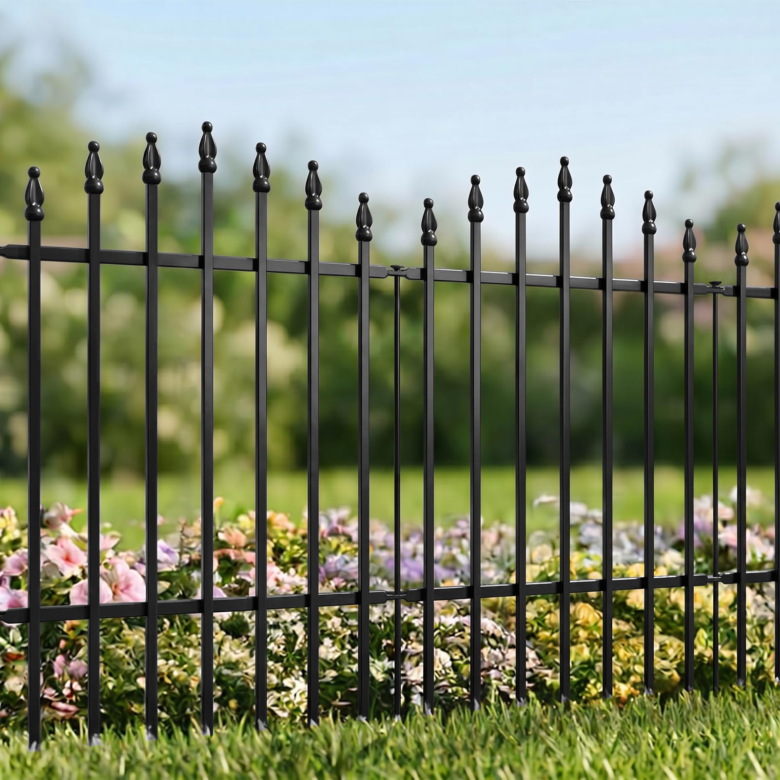 Metal Garden Fencing, 81cm High 5-Panel Decorative Border Edging, 3m Total Length, Rustproof Iron Barrier for Plant Protection, Animal Deterrent for Lawns and Pathways, Black
