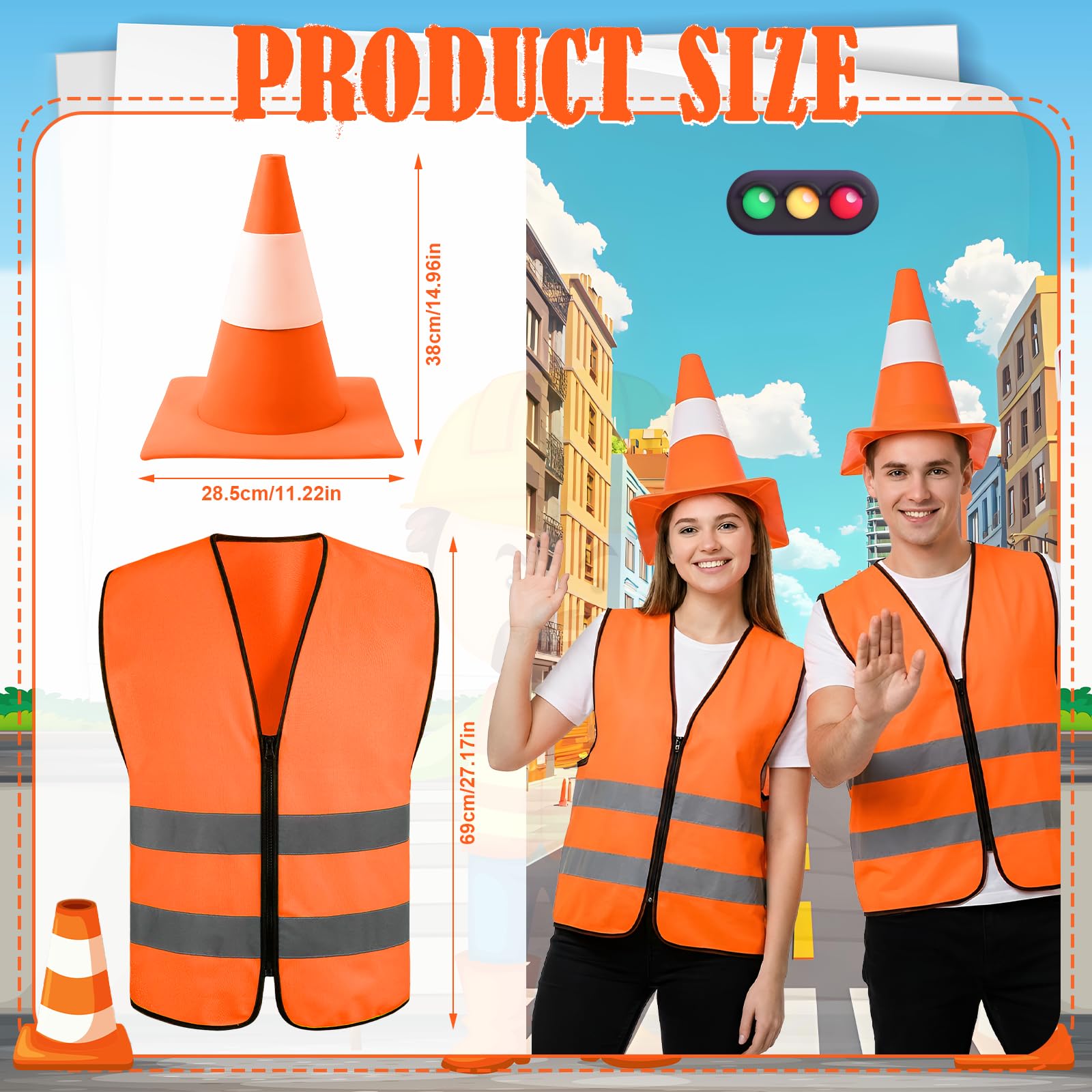 Kyndara 2Pcs Traffic Cone Costume Set for Adult, Unisex Traffic Cone Outfit Accessory Kit with Reflective Visibility Vest Hat for Halloween World Book Day Party Cosplay - Image 2