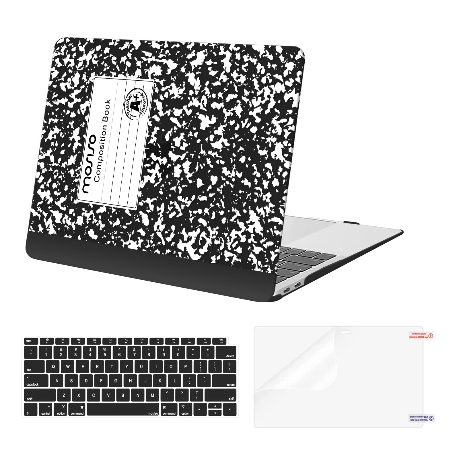 MOSISO Compatible with MacBook Air 13 inch Case 2022 2021 2020 2019 2018 Release A2337 M1 A2179 A1932 Touch ID, Protective Plastic Composition Book Hard Shell&Keyboard Cover&Screen Protector, Black