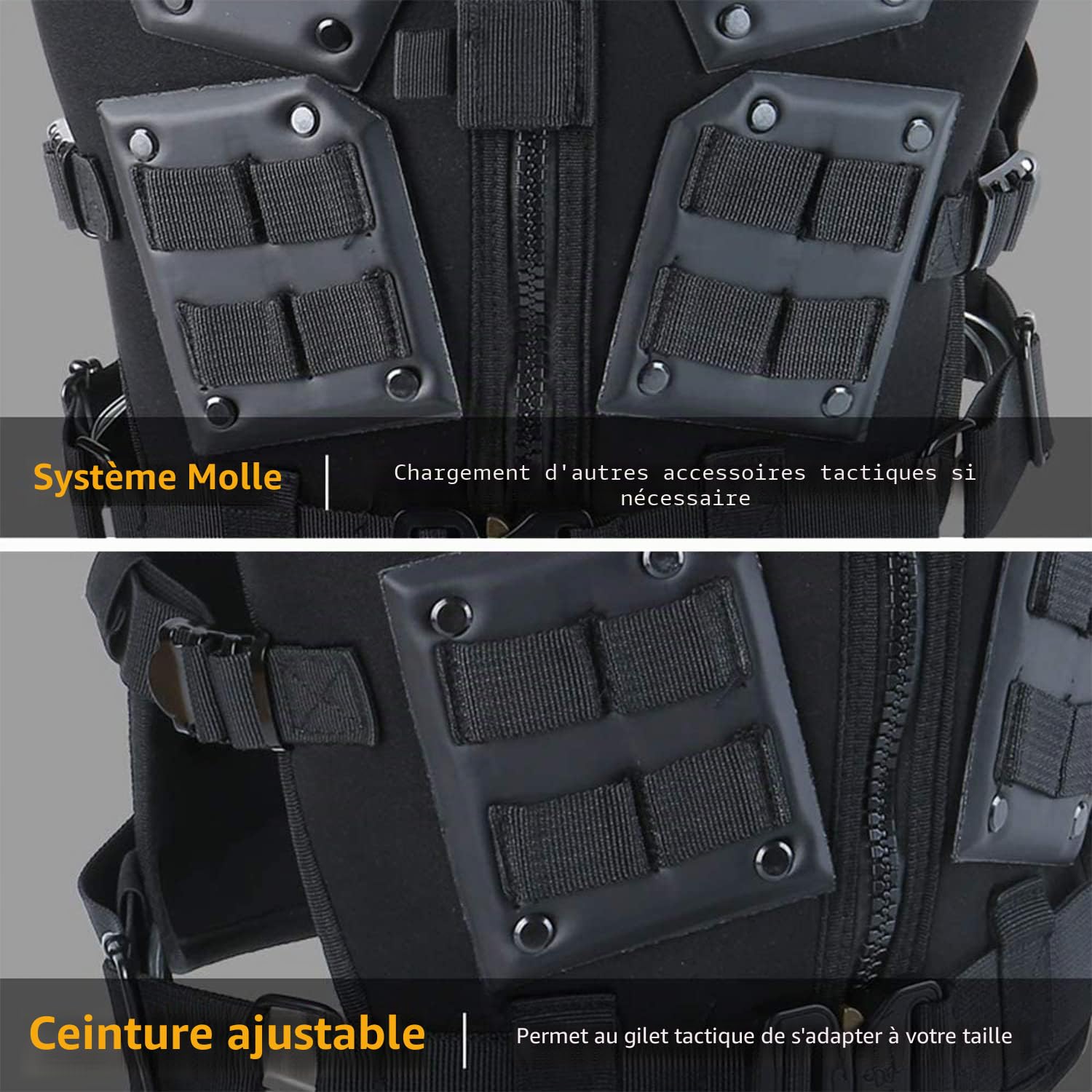 Zhongren Gilet tactique pour airsoft - Protection de poitrine réglable - Pour paintball, cosplay, film, jeux militaires, moto, entraînement en plein air Taille S-XL Pour adulte homme et femme, Noir