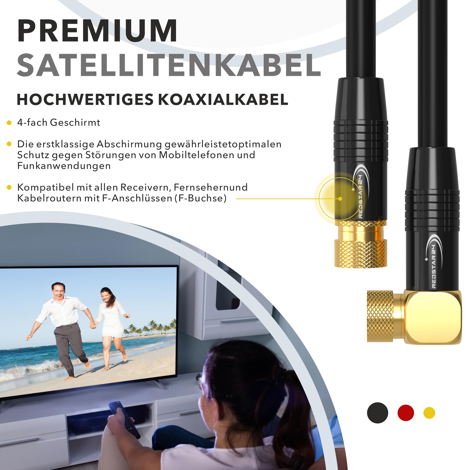 Cavo Antenna Satellitare 1m TV SAT HD Con 2 Connettori F (1 Angolato 90°) - Coassiale Ultra HD 4K 3D UHD Per Satellitari - Connettore Di Metallo - Nero - 1 Metro