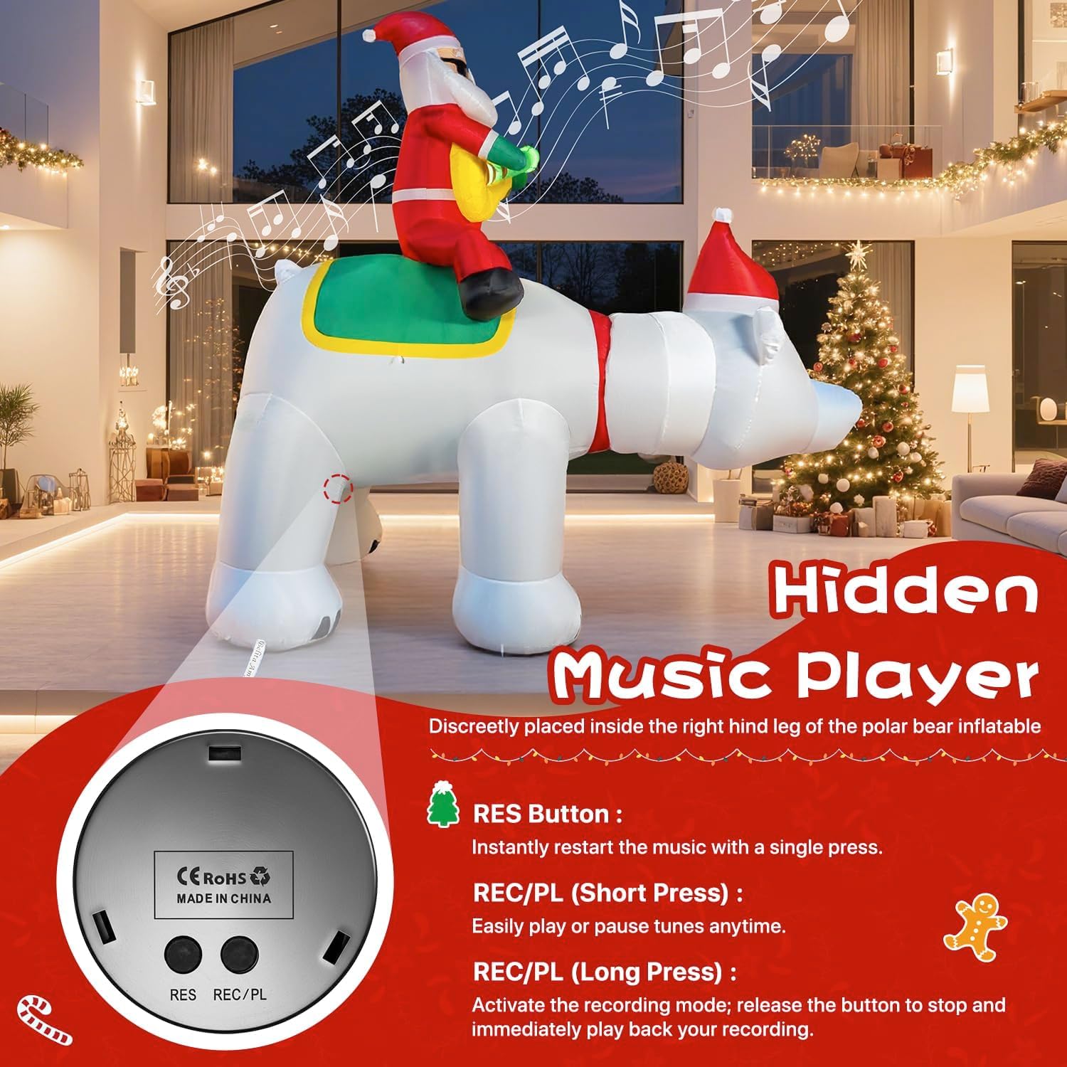 Oso inflable de Navidad de 7 pies con cabeza temblorosa y música, decoración de patio inflable con luces LED para Navidad, fiesta, interior, jardín, césped