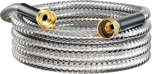 Miniatura 12 de Manguera de jardín de 100 pies, manguera de agua de metal de acero inoxidable con boquilla, flexible y duradera, a prueba de óxido, sin torceduras,
