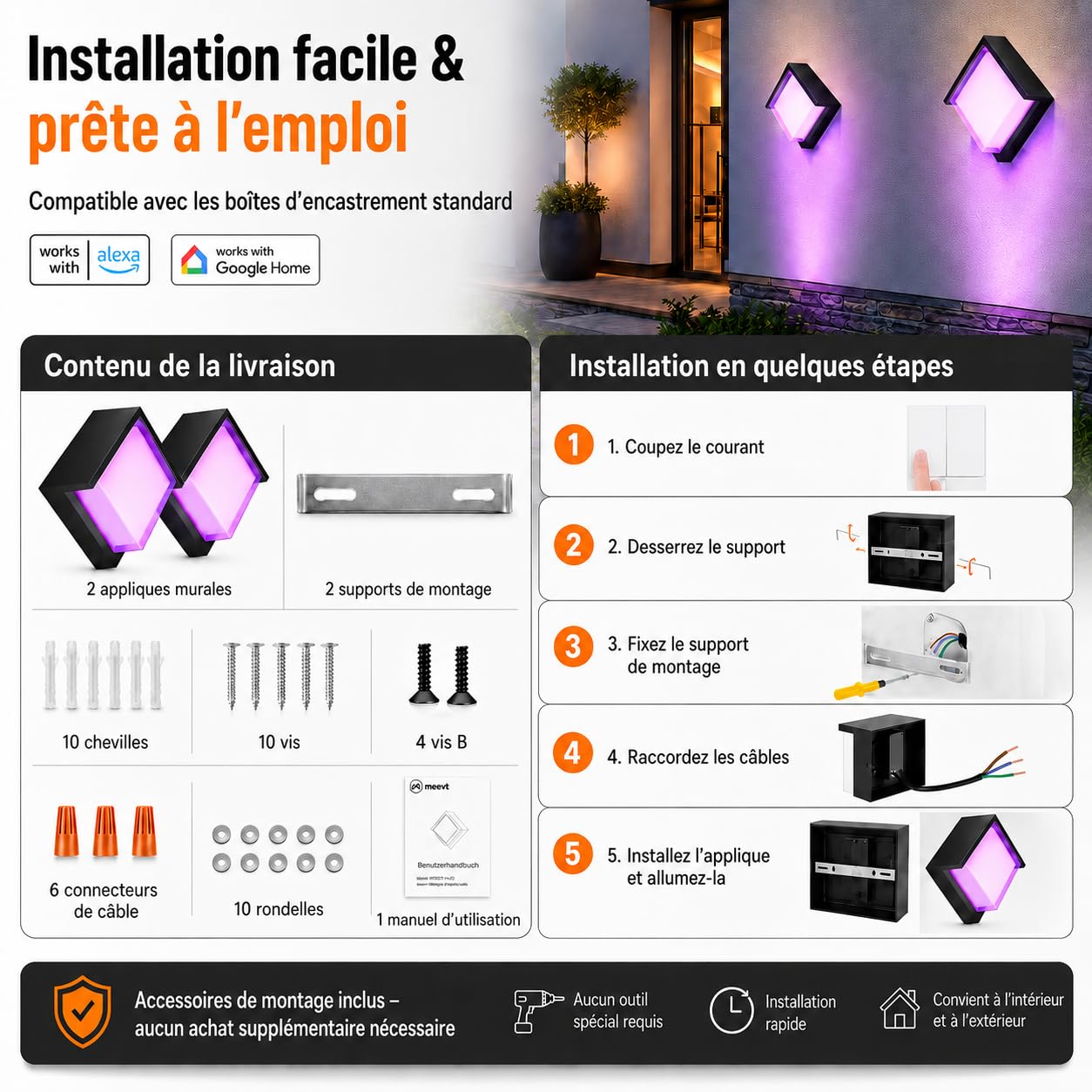 Applique Murale Exterieur, IP65 Carré RGBCW Lampe Murale (2 Pièce)