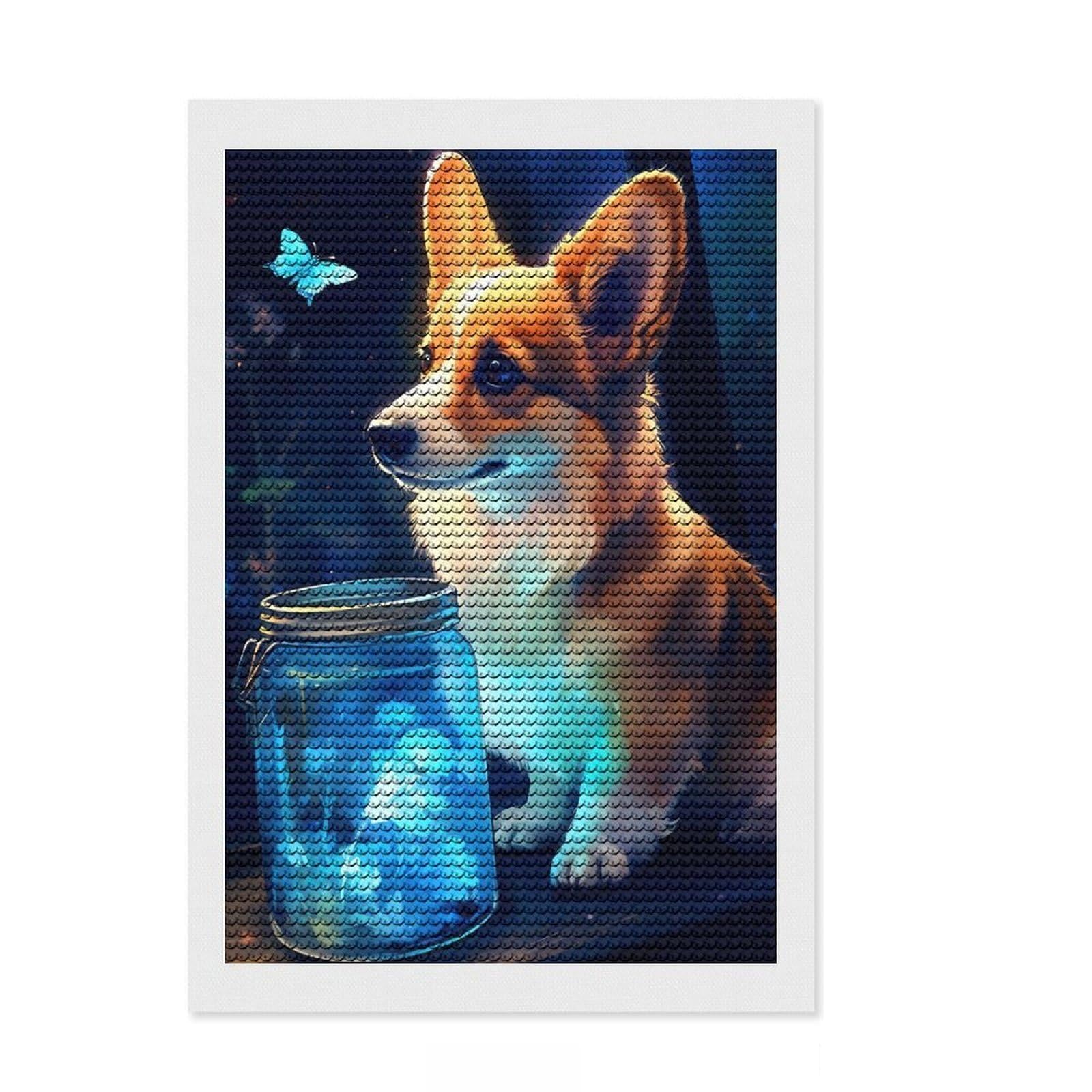 Junmoney Cute Corgi Dog Luminous Diamond Painting Set 8"x12", Christmas Gift, Adhesive Canvas, Vintage Style Decor, Canvas Picture, Round Gems