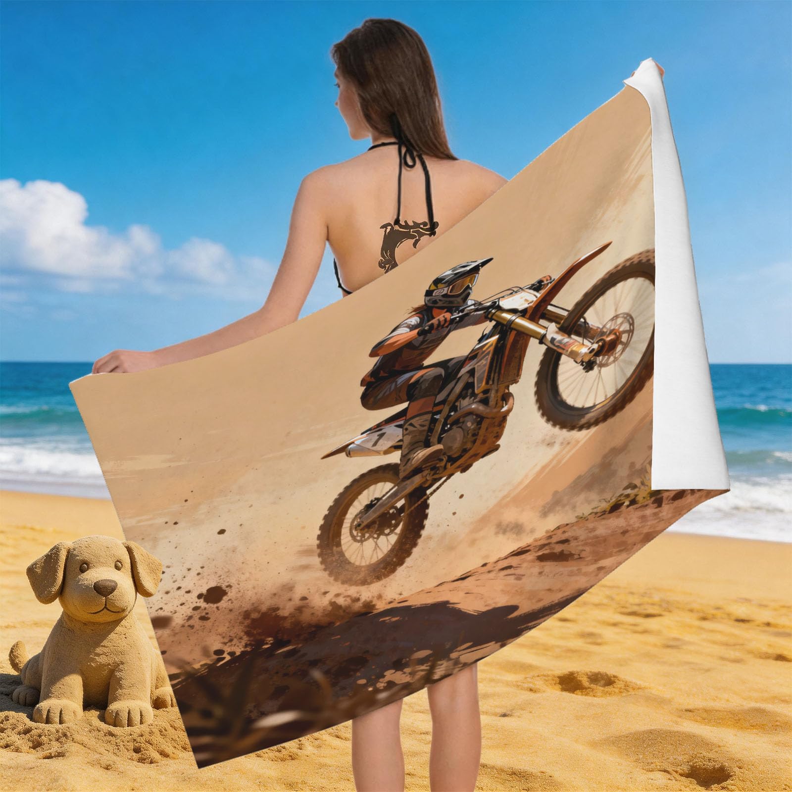 Leichong 3D Dirt Bike Beach Towel Large Microfiber Soft Quick Dry for Adults, Riding Bath Towel Lightweight Soft Absorbent for Travel Swimming Pool Sports, 80 x 160 cm