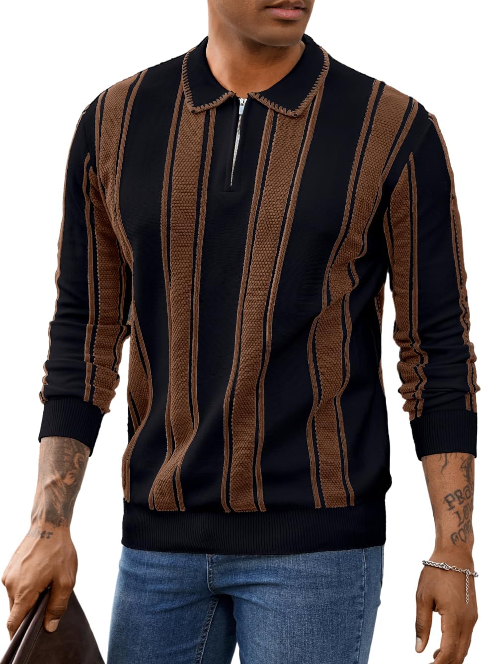 Men's Slim Fit Lapel Quarter-Zip Polo, Striped Lightweight Knit Pullover for Casual Wear