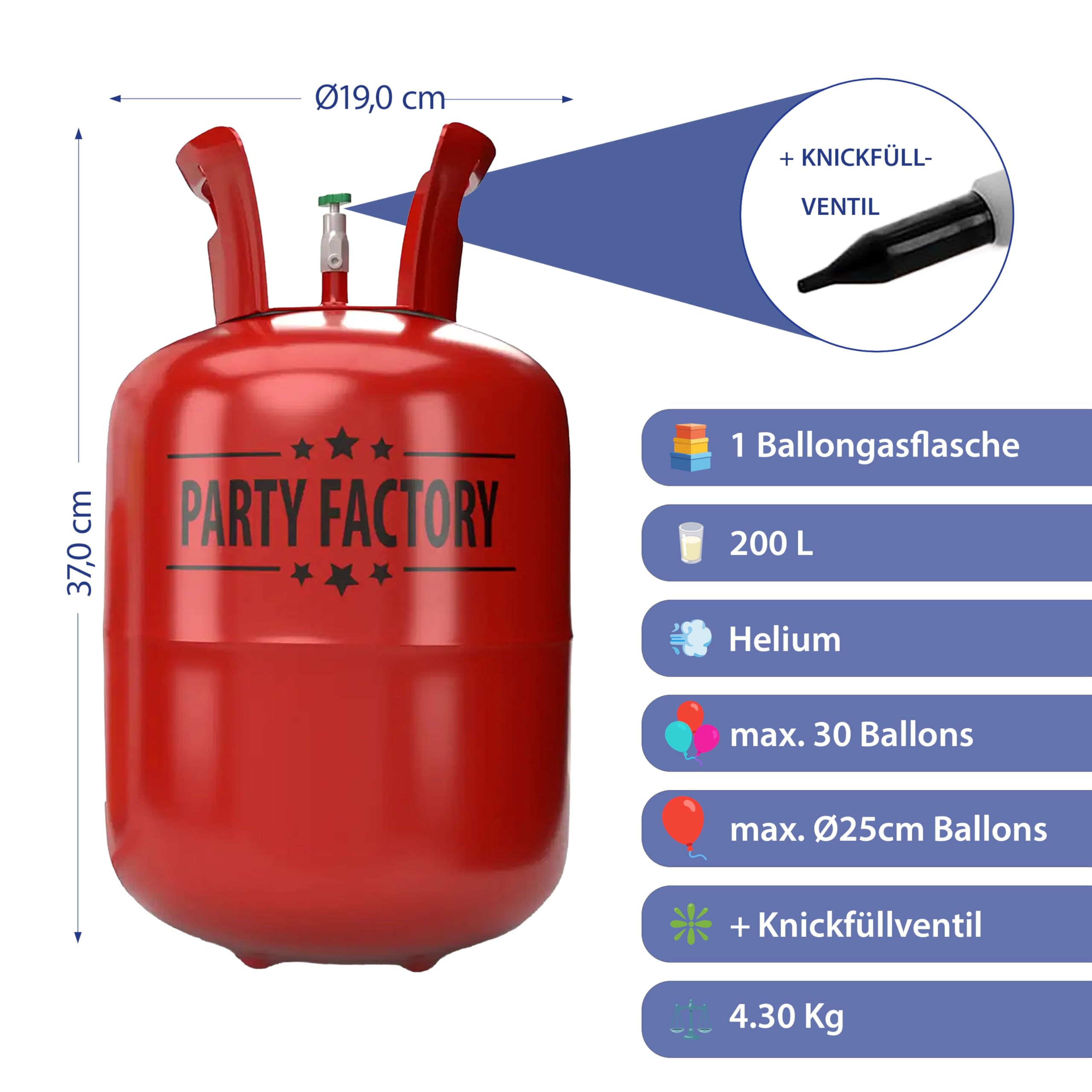 Helium Ballongas für ca.30 Ballons | Heliumflasche Gasfüllung | Luftballons | Party Factory Heliumgas fürHochzeit (1 x Ballongas 30)