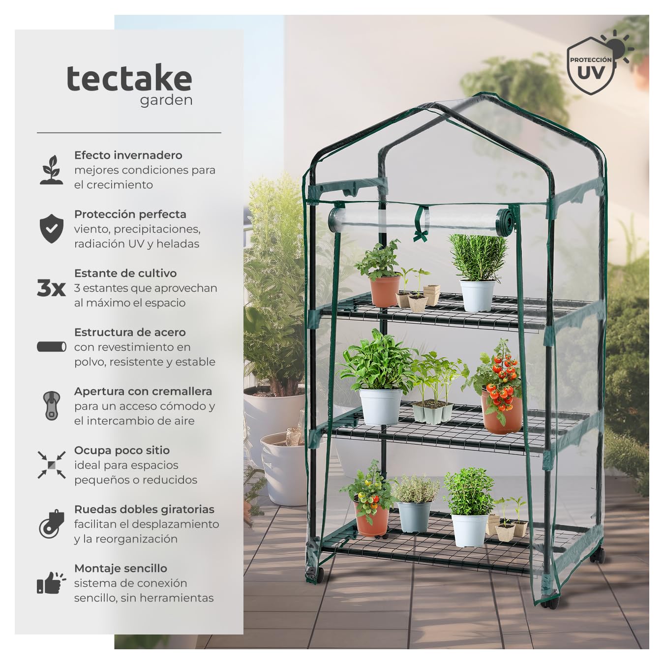tectake® Invernadero Exterior en Acero con 3 Baldas de Rejilla y Protección UVA, Invernadero Terraza 69x49x133cm, Caseta Jardin Exterior con Ruedas y Cierre de Cremallera, Ideal para Huerto y Jardín