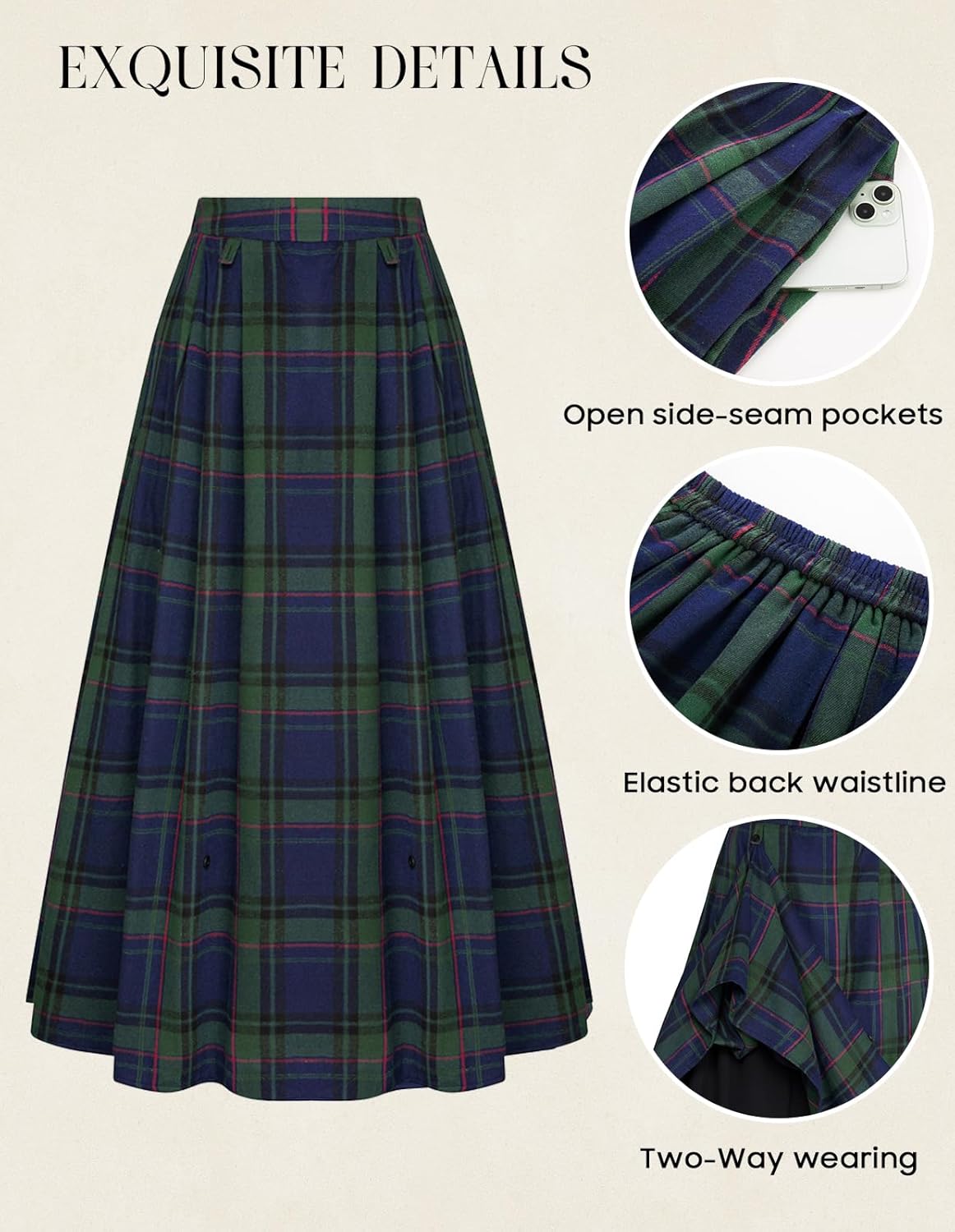 Scarlet Darkness Plaid Skirts for Women High Waist Long Skirt with Pockets