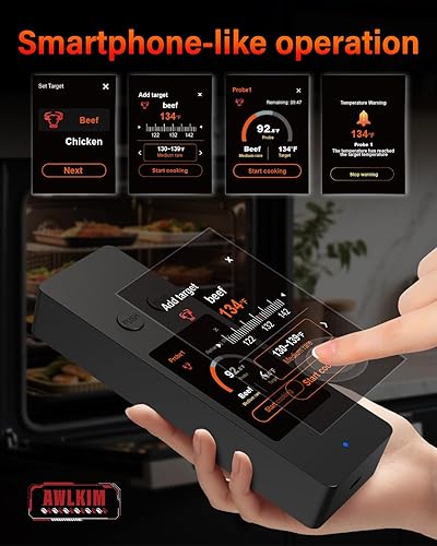 Miniatura 3 de Termómetro inalámbrico para carne con Bluetooth y aplicación, pantalla táctil, alarma audible, 2 sondas, alcance de 800 pies y base recargable