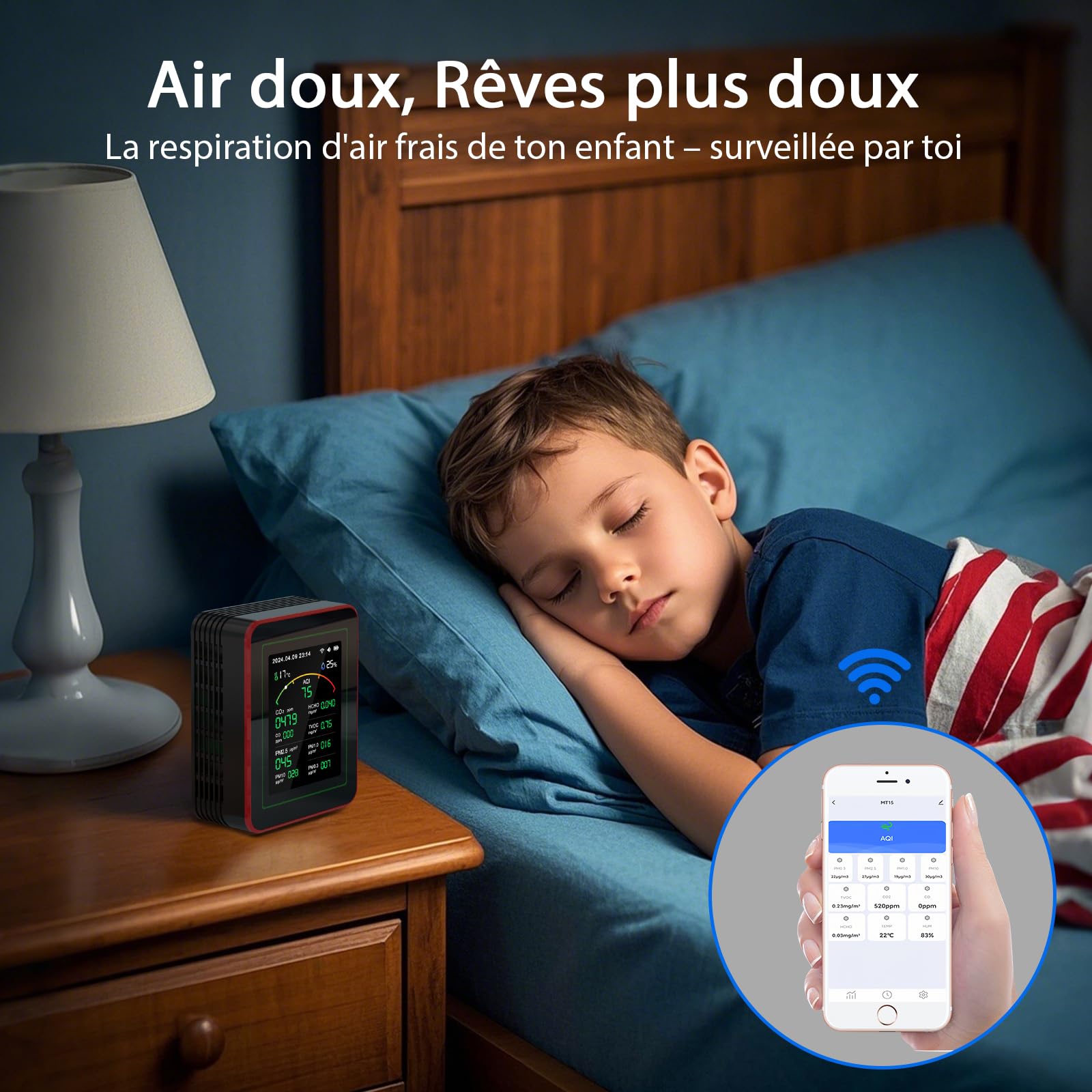Monitor de calidad del aire 15 en 1 con aplicación para teléfonos inteligentes: sensor CO₂, medición PM2.5/PM10, VOC, HCHO, analizador de calidad del aire interior con AQI en tiempo real