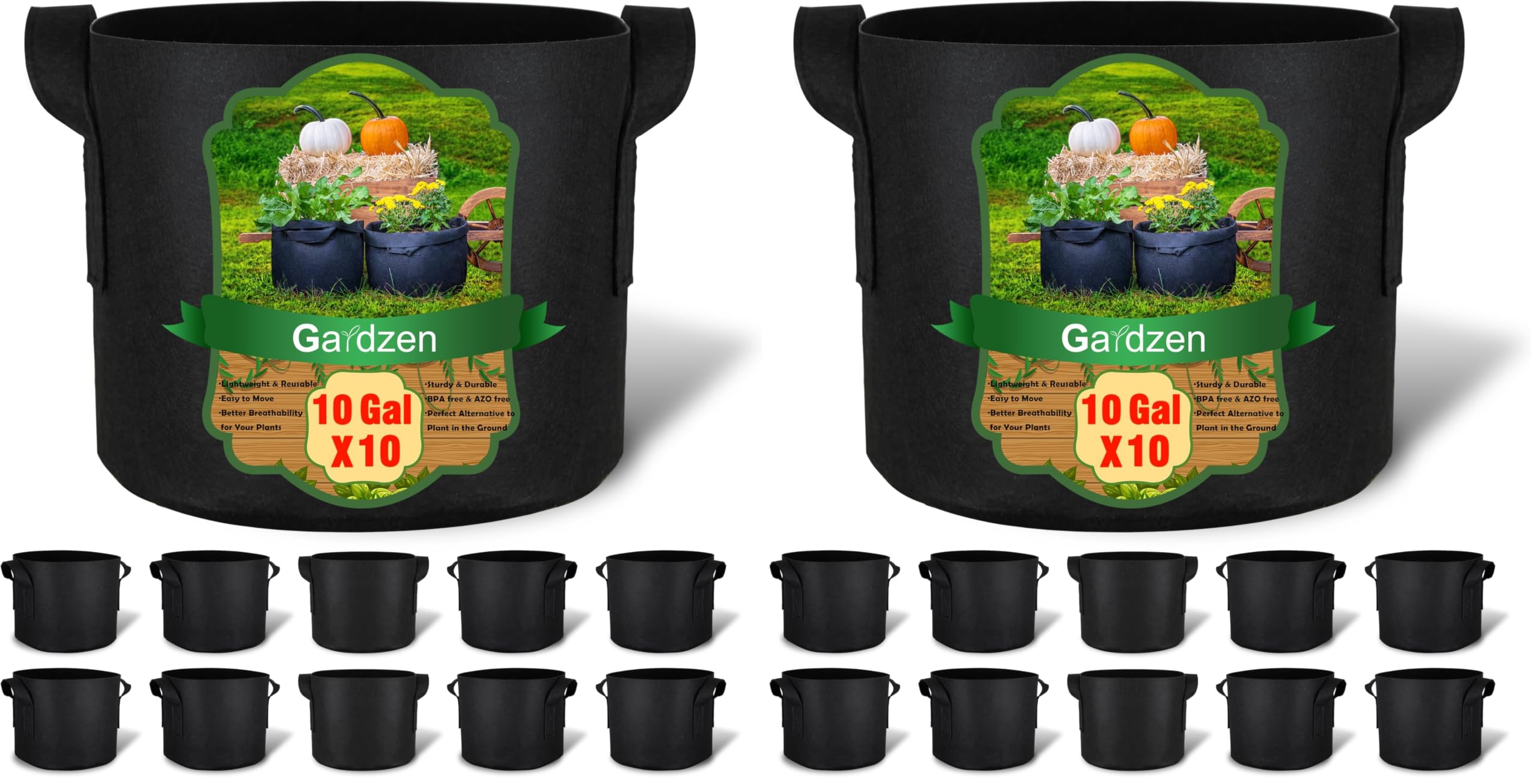 Gardzen 20-Pack 10 Gallon Grow Bags, 300G Thickened Fabric Grow Bags with Handles, Heavy Duty Aeration Plant Grow Bags