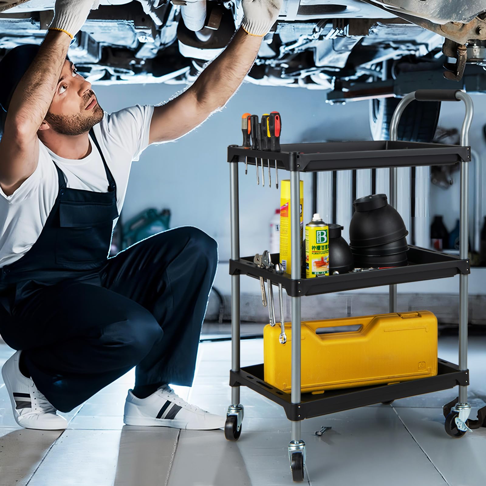 GYMAX Carrito de Herramientas de 3 Pisos, Organizador Móvil con Ruedas Giratorias con Frenos, Perforaciones para Guardar Destornilladores, Carrito de Trabajo Robusto para Taller Mecánico, Cocina