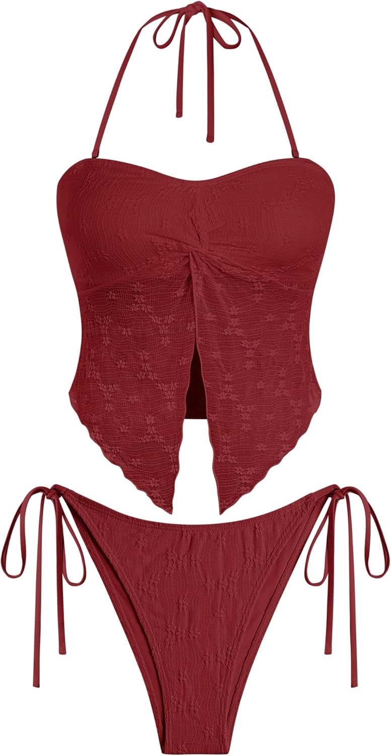 ZAFUL Floral Twist Bikini Set for Women Halter Tankini Tie Side String Swimsuit Two Piece Bathing Suit