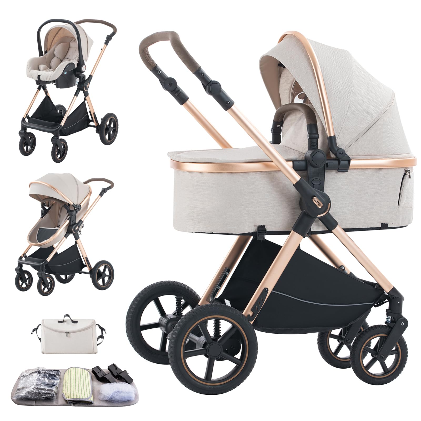 Shineey 3 in 1 Baby Stroller with Height Adjustable Handle,3 in 1 Prams Travel System, Lightweight Foldable Pushchair, Prams with Aluminum Frame for Portable Baby Carriage (D2 RICEWHITE-N, D2)