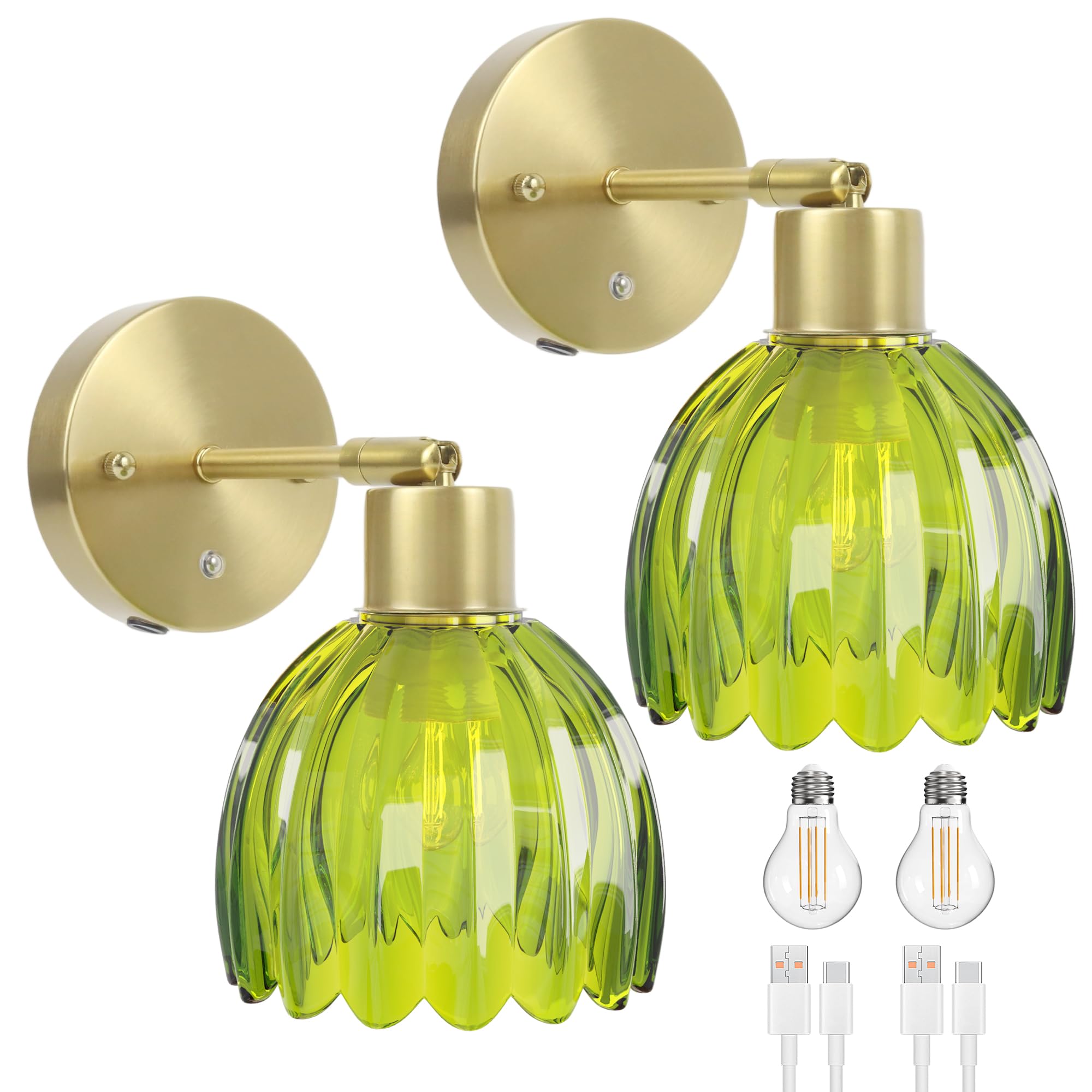 OUTON Rechargeable Wall Sconces Set Of 2 – Tulip Glass Lampshade, Cordless With Remote & Touch Control, Dimmable, 8000mAh Battery, Green