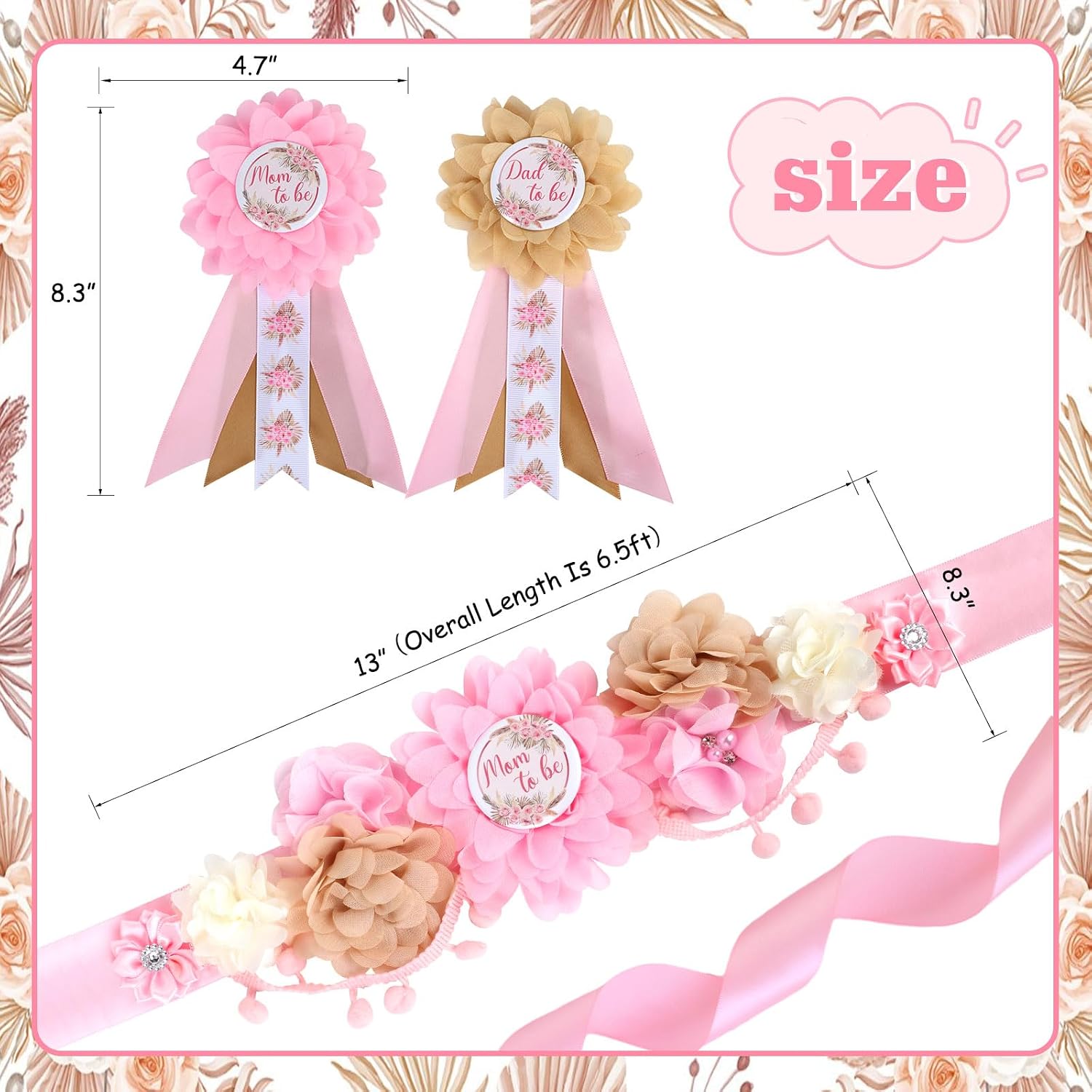 Boho Baby Shower Maternity Sash Kit - Pink Neutral Baby Shower Belly Belt and Mom to Be & Dad to Be Corsage Pins, New Parents Pregnancy Photo Props Party Supplies image 2