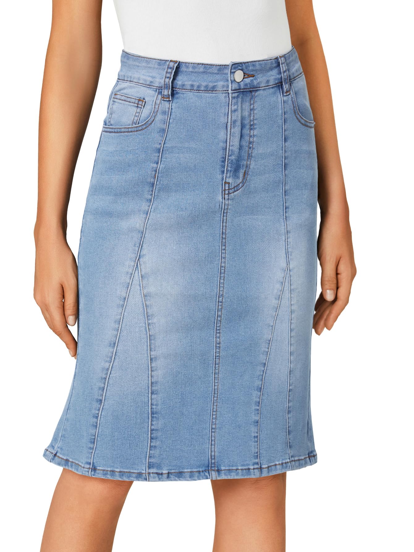LYANER Damen-Jeansrock, hohe Taille, knielang, Bleistiftform, Meerjungfrauen-Stil, Stretch, Jeansrock